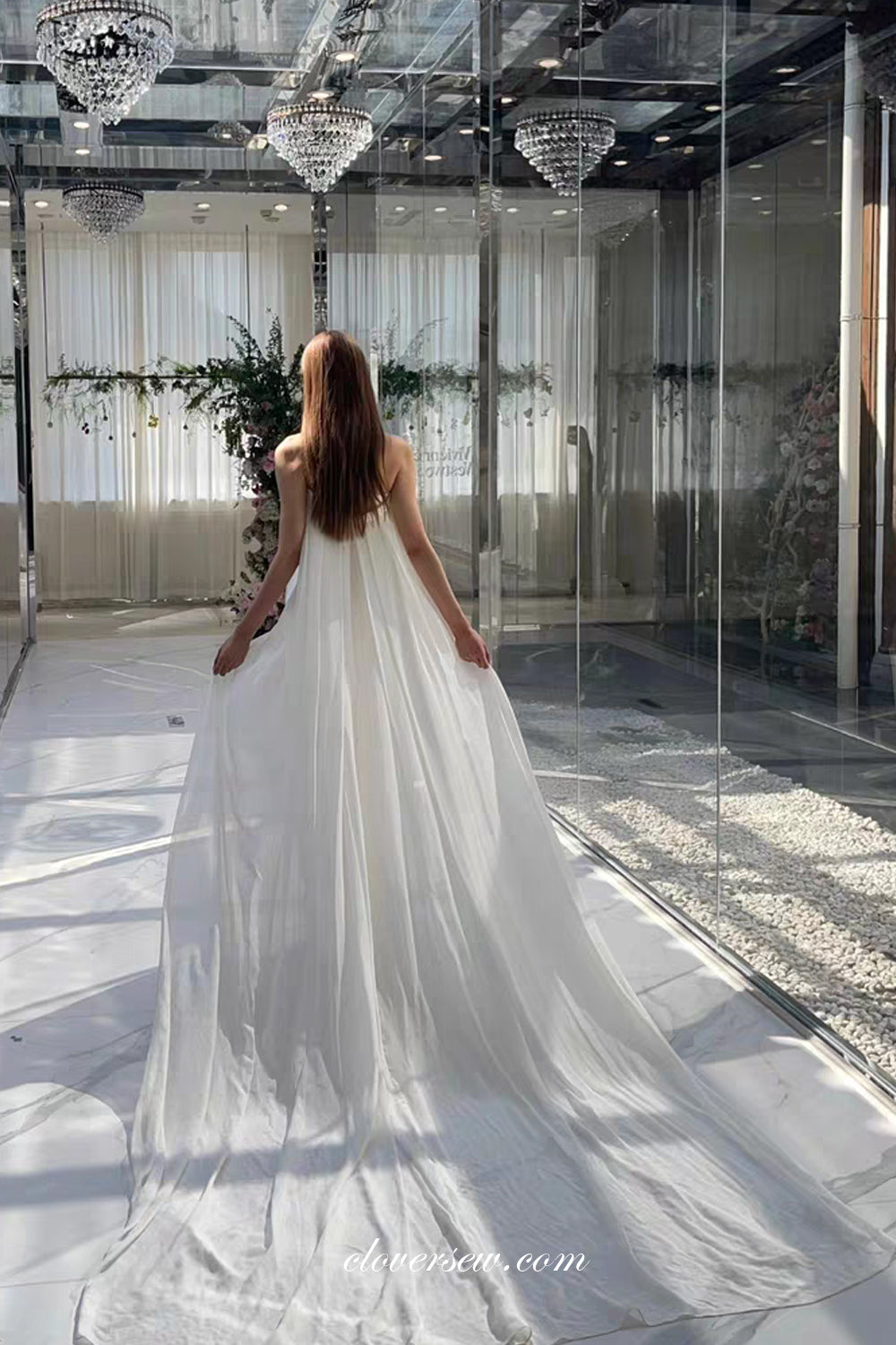 Chiffon And Silk Satin Strapless With Detachable Train Mermaid Beach Wedding Dresses, CW0383