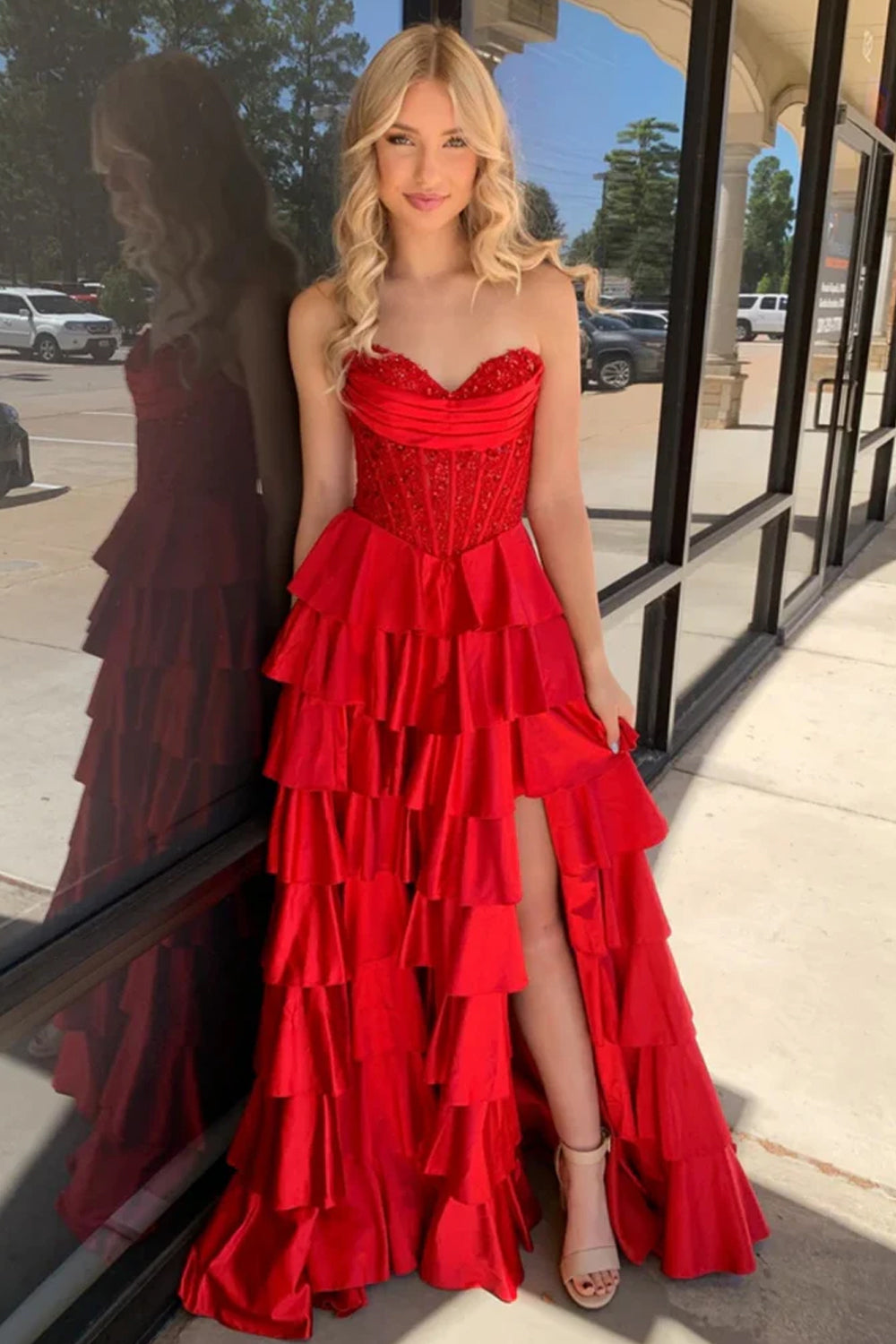 Christmas Red Satin Beaded Lace Tiered A-line Prom Dresses, CP1069