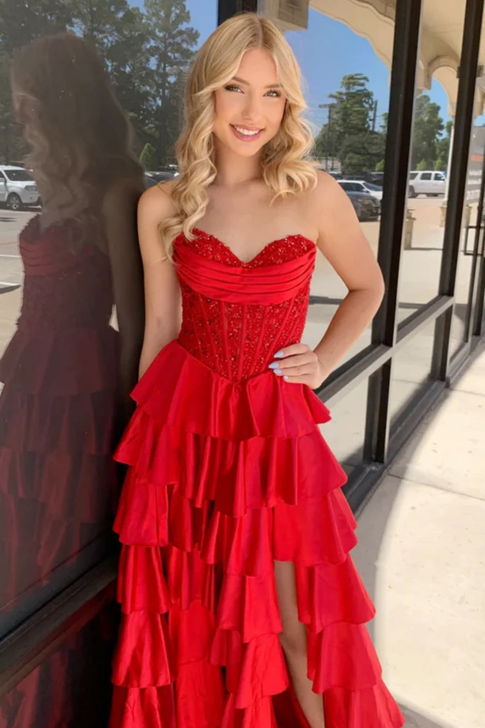 Christmas Red Satin Beaded Lace Tiered A-line Prom Dresses, CP1069