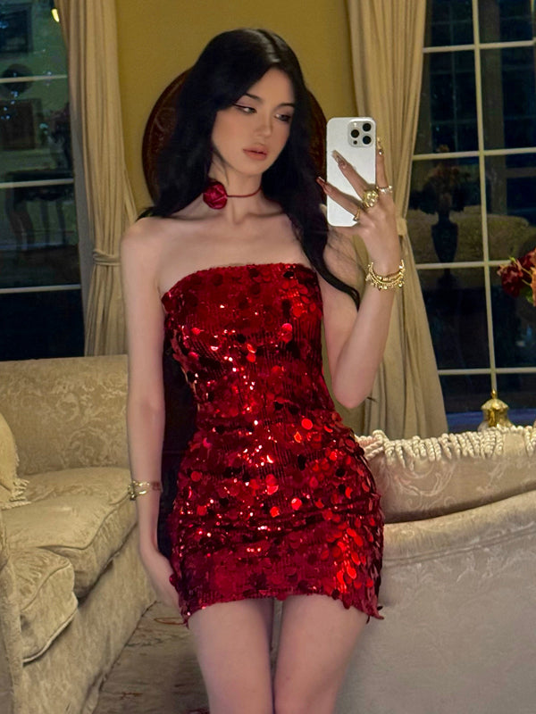 Christmas Red Sequin Strapless Sheath Shiny Short Party Dresses, CH0130