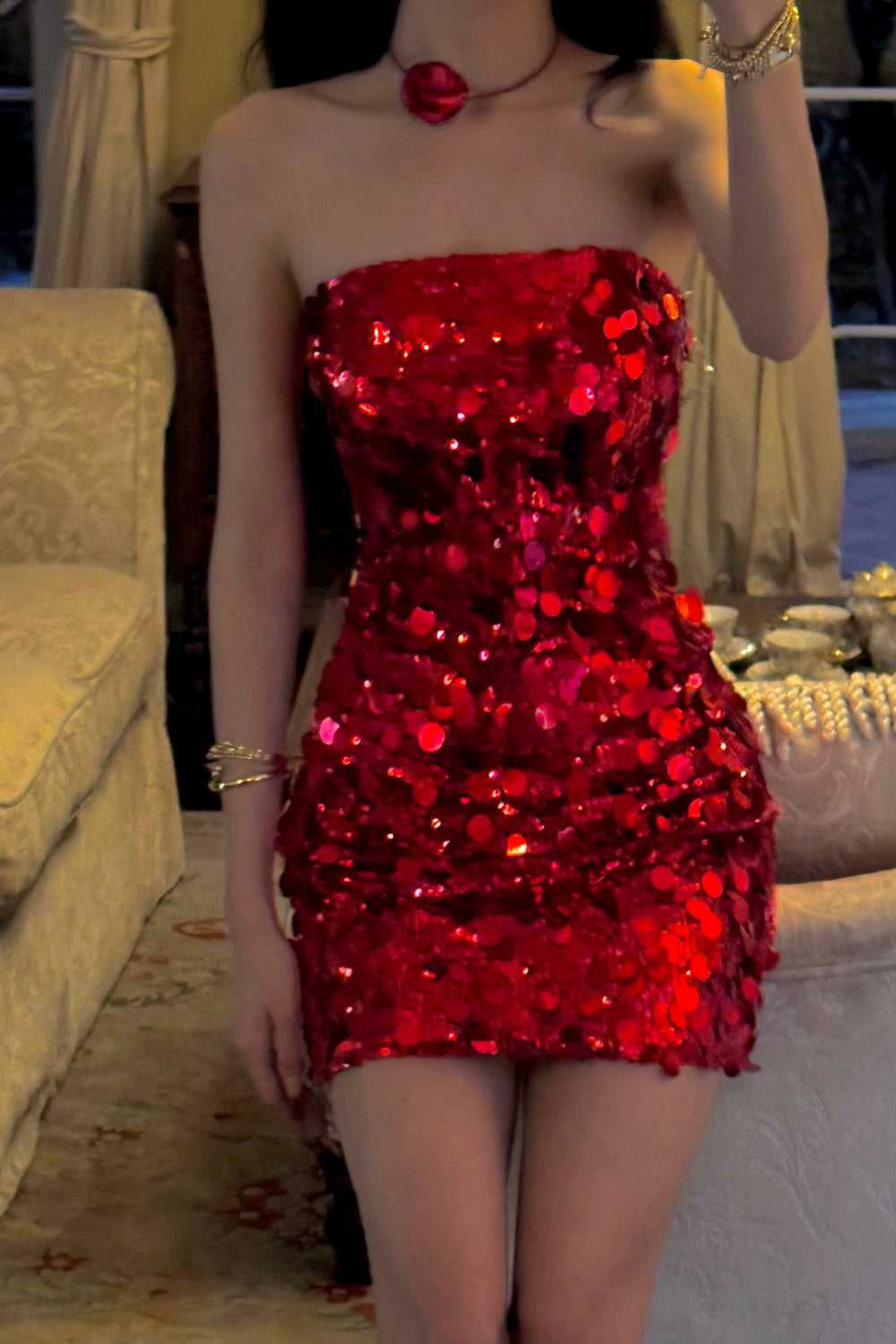 Christmas Red Sequin Strapless Sheath Shiny Short Party Dresses, CH0130