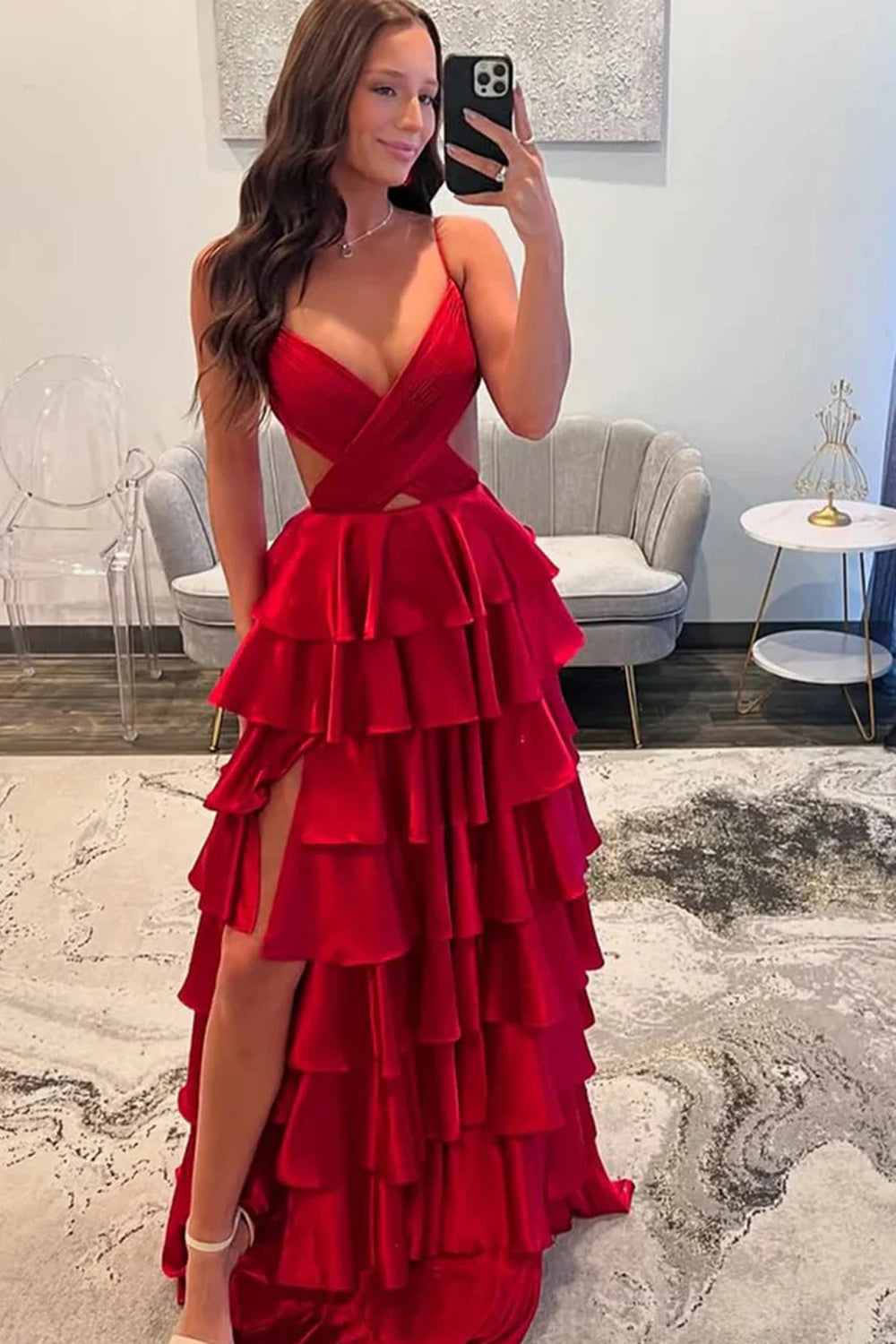 Christmas Red V-neck Tiered A-line Charming Party Dresses, CP1055