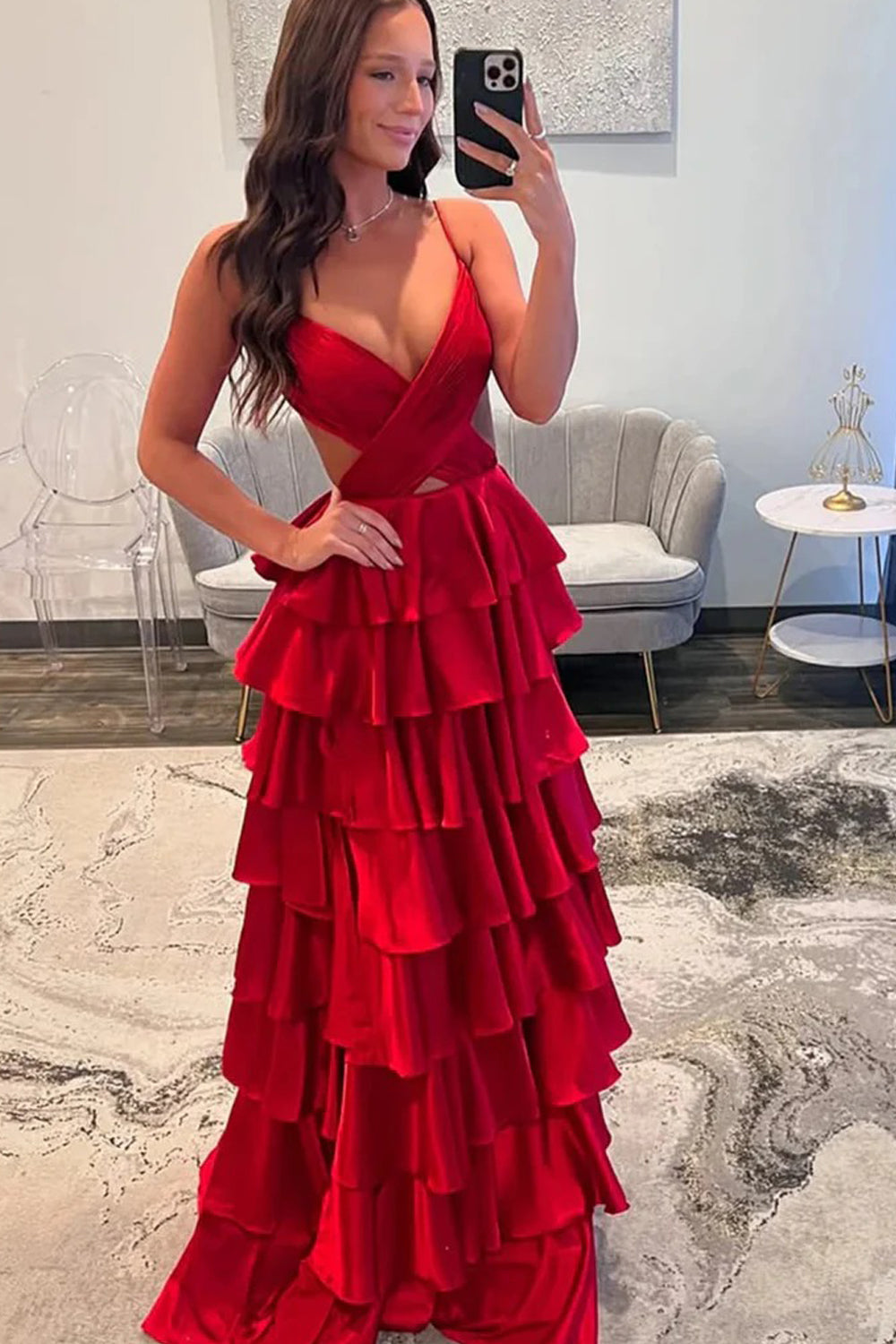 Christmas Red V-neck Tiered A-line Charming Party Dresses, CP1055