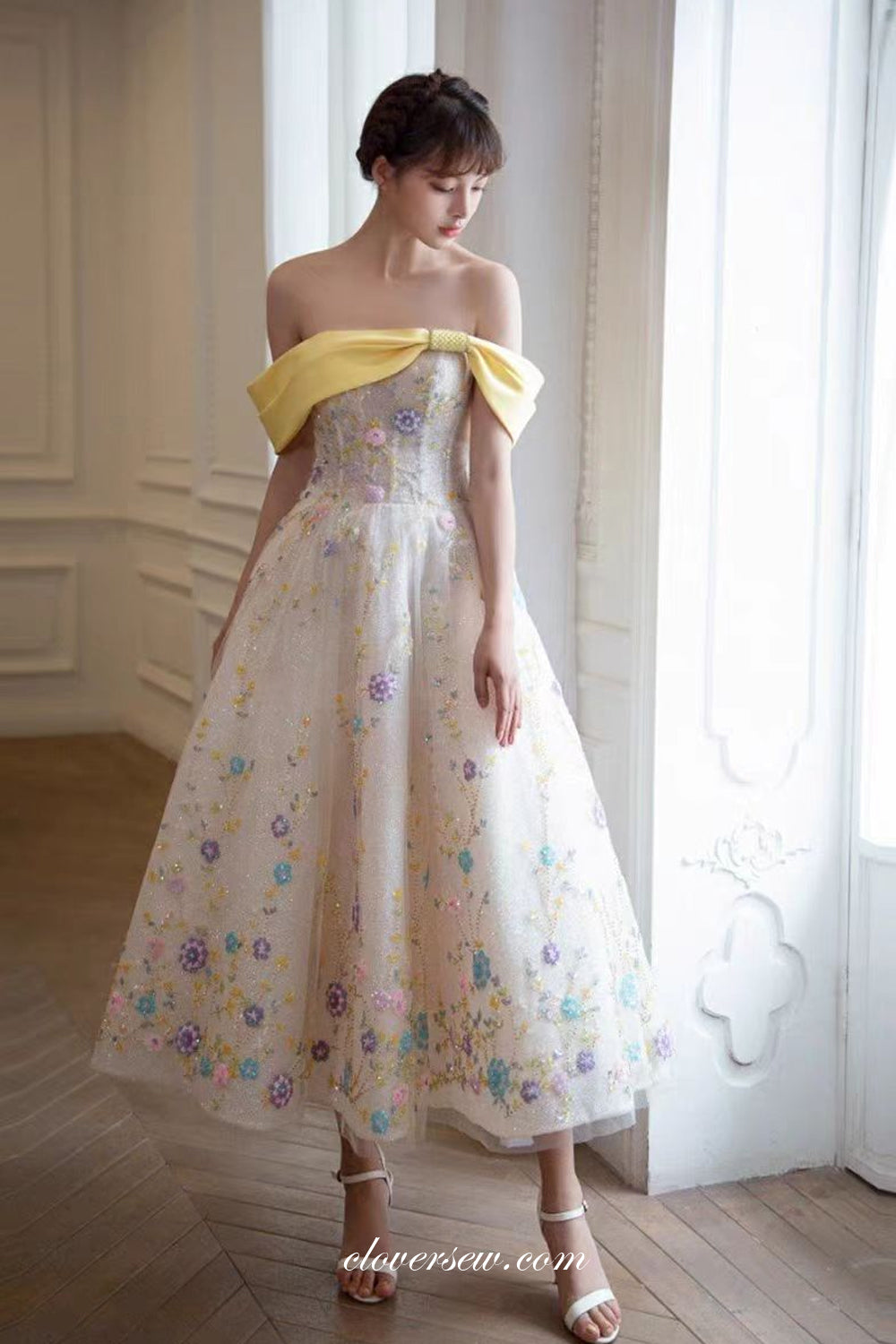 Convertible Off The Shoulder Strapless Yellow And Floral Beading Shiny Glitter Spring Dresses, CP1129