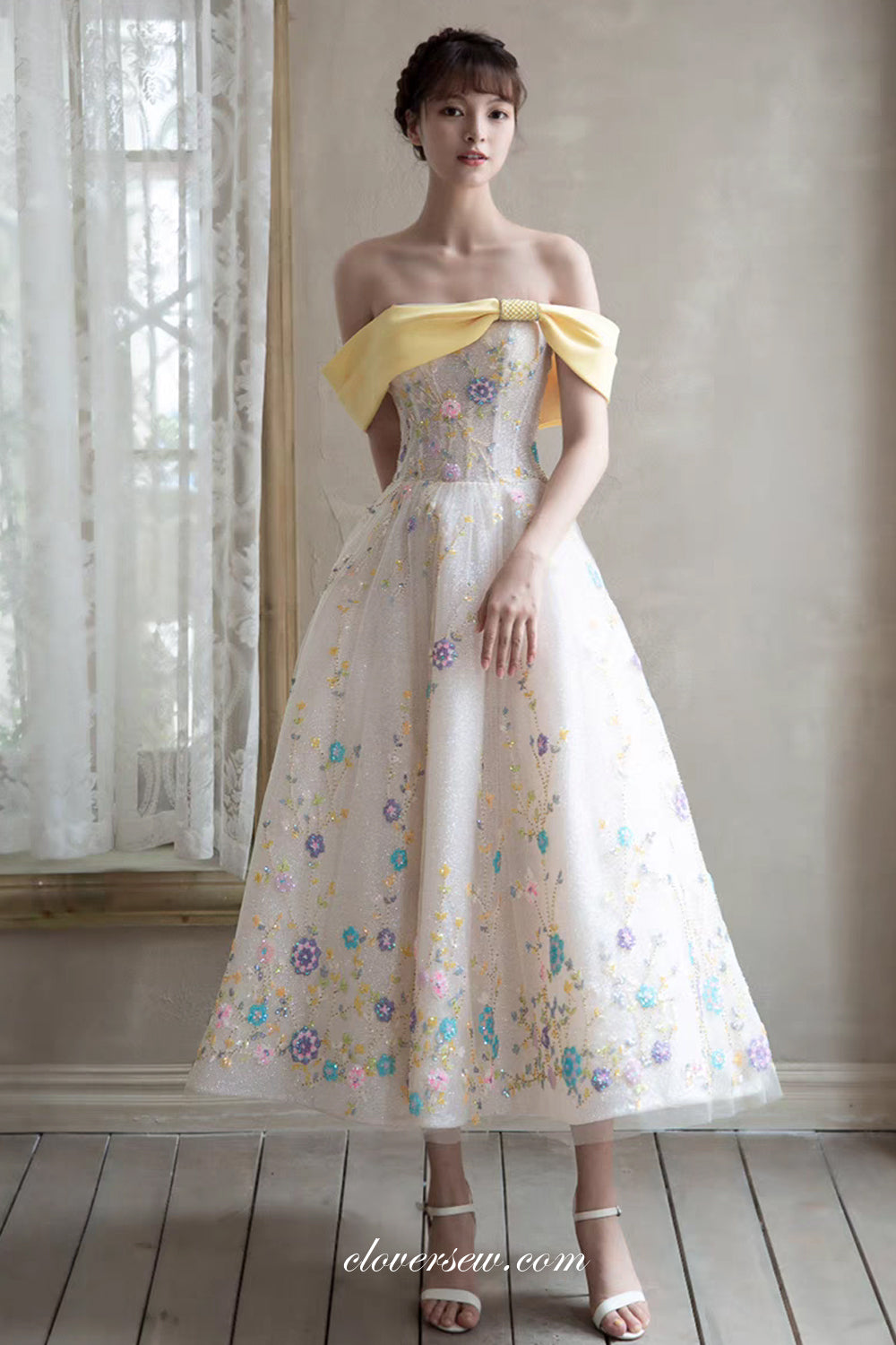 Convertible Off The Shoulder Strapless Yellow And Floral Beading Shiny Glitter Spring Dresses, CP1129