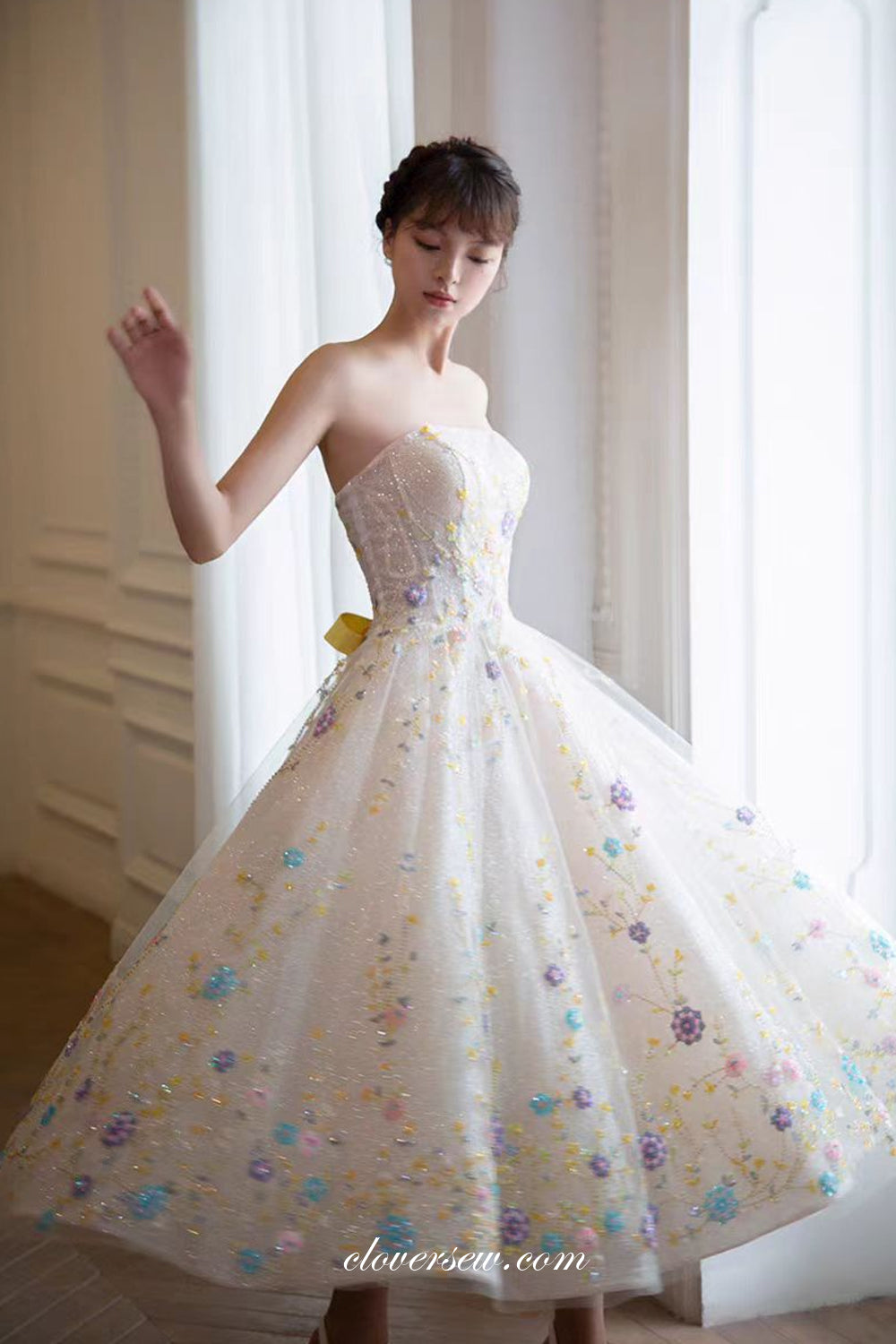 Convertible Off The Shoulder Strapless Yellow And Floral Beading Shiny Glitter Spring Dresses, CP1129