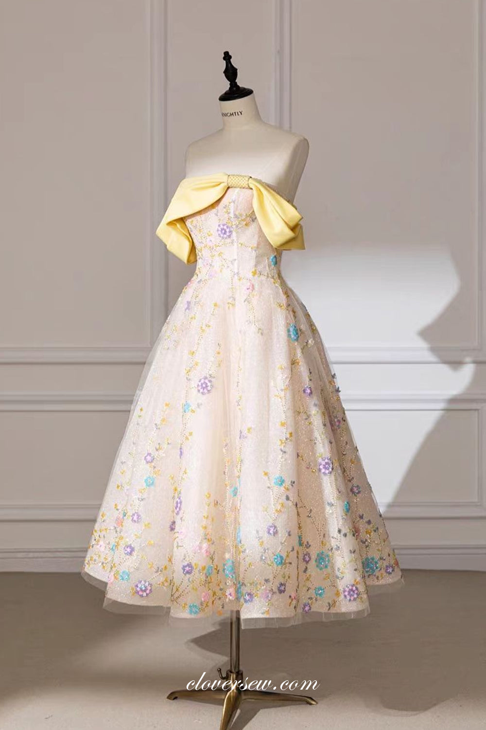 Convertible Off The Shoulder Strapless Yellow And Floral Beading Shiny Glitter Spring Dresses, CP1129