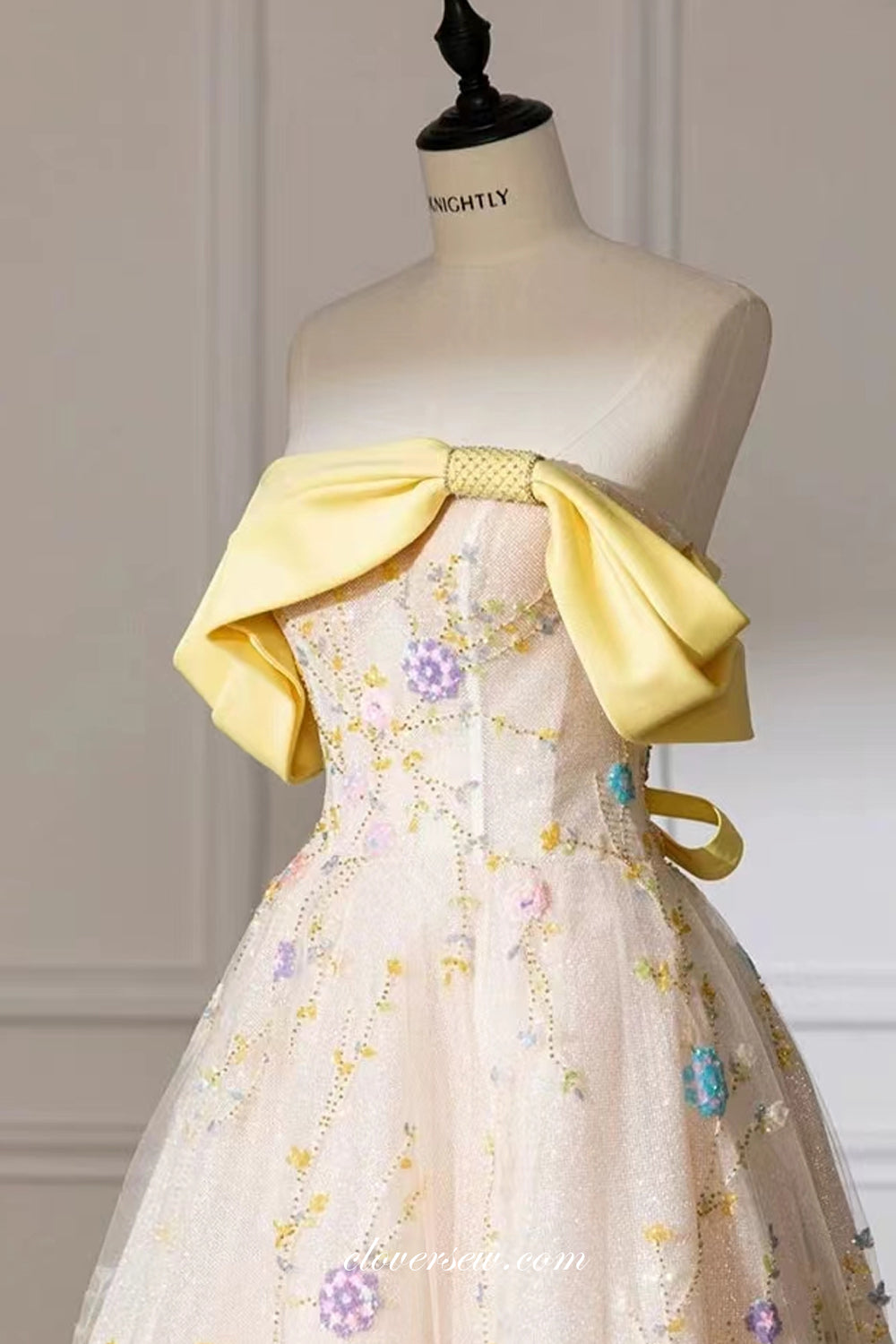 Convertible Off The Shoulder Strapless Yellow And Floral Beading Shiny Glitter Spring Dresses, CP1129