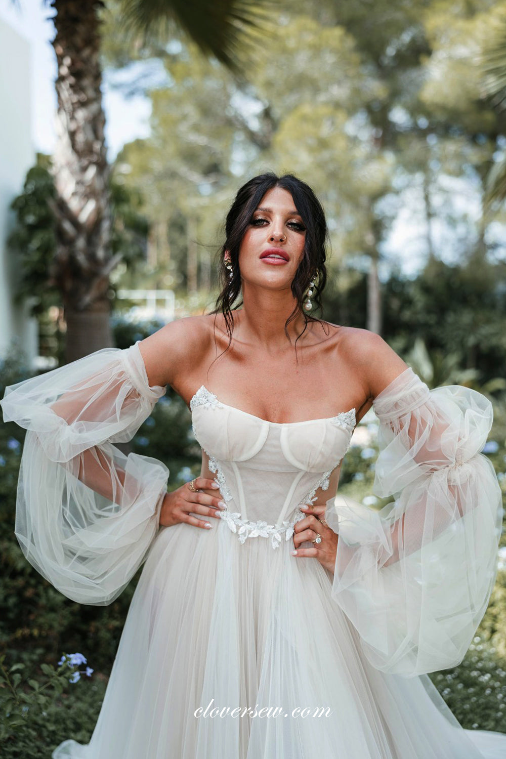 Convertible Puffy Sleeves Strapless Tulle Appliques A-line Fashion Wed clover sew Convertible Puffy Sleeves Strapless Tulle Appliques A-line Fashion Wed clover sew
