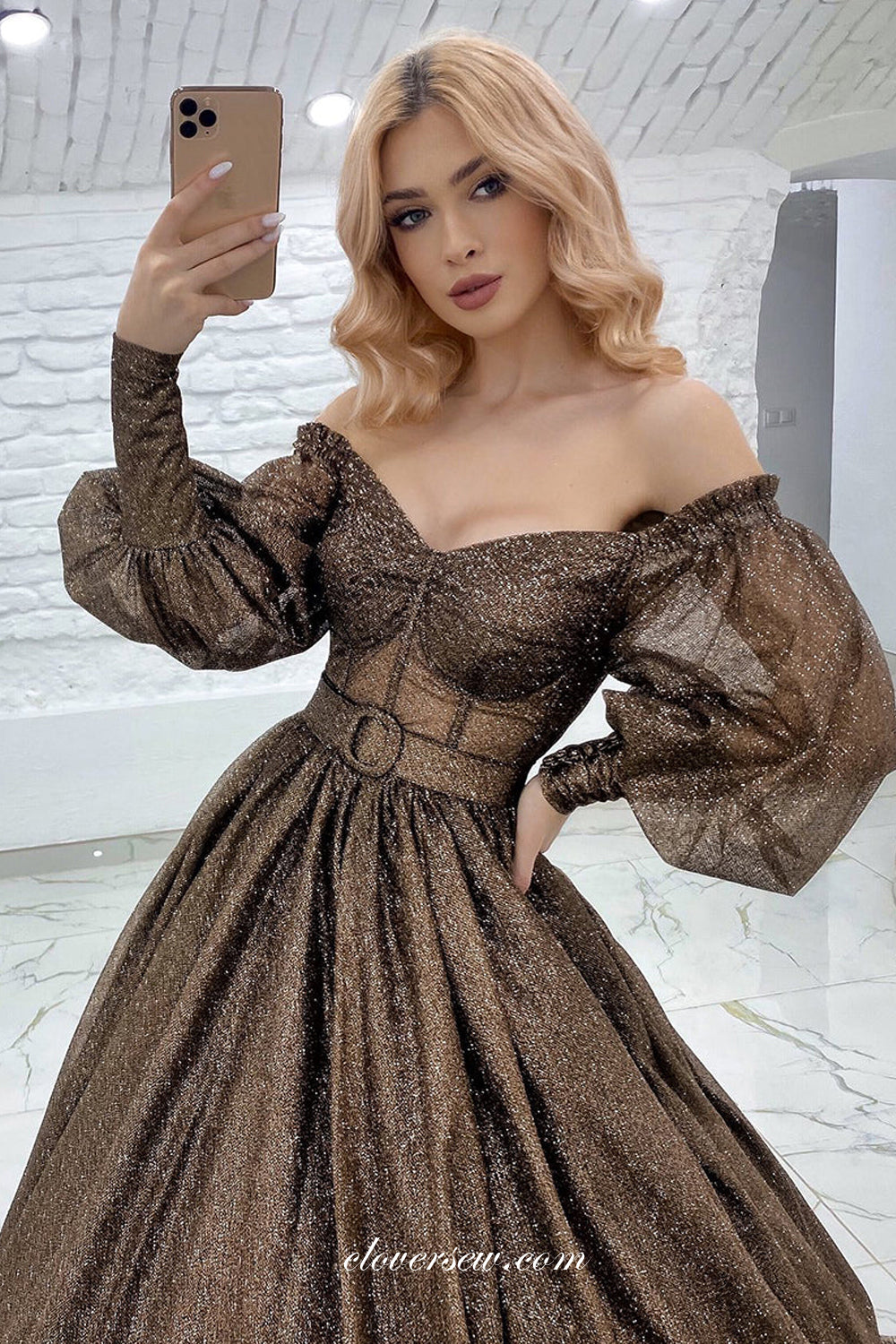 Dark Brown Shiny Glitter Tulle Off The Shoulder Long Sleeves A-Line Charming Formal Dresses, CP1120 US4 / As Pic Dark Brown Shiny Glitter Tulle Off The Shoulder Long Sleeves A-Line Charming Formal Dresses, CP1120 US4 / As Pic