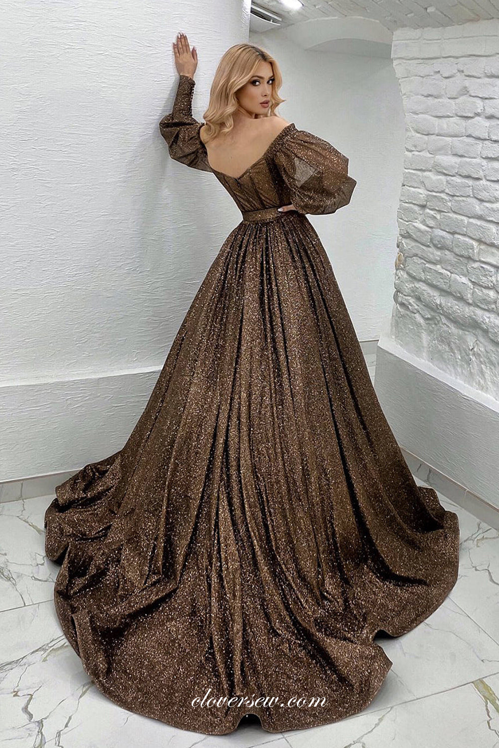Dark Brown Shiny Glitter Tulle Off The Shoulder Long Sleeves A-line Charming Formal Dresses, CP1120