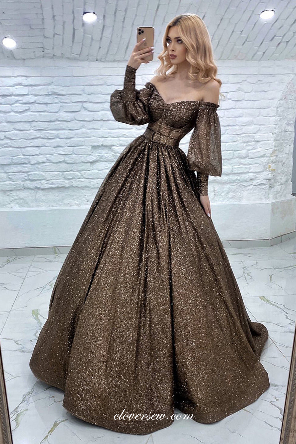 Dark Brown Shiny Glitter Tulle Off The Shoulder Long Sleeves A-line Charming Formal Dresses, CP1120