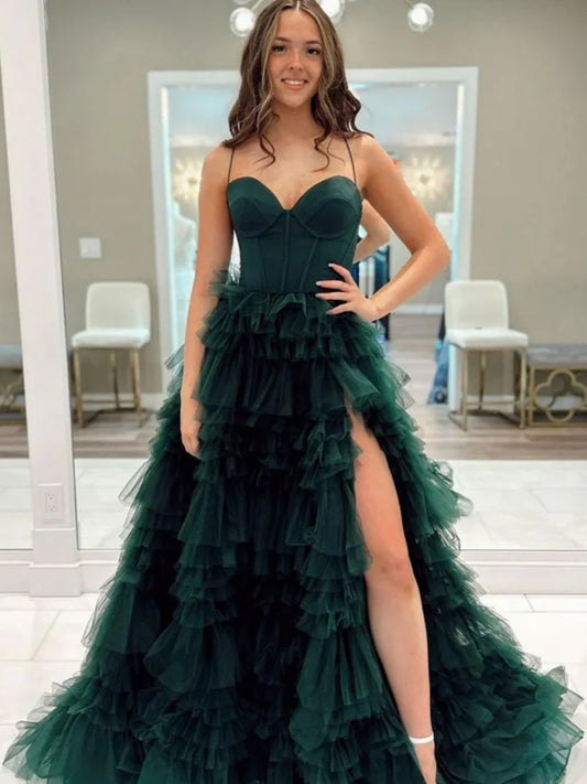 Dark Green Ruffles Tiered A-line Spaghetti Strap Prom Dresses CP1068