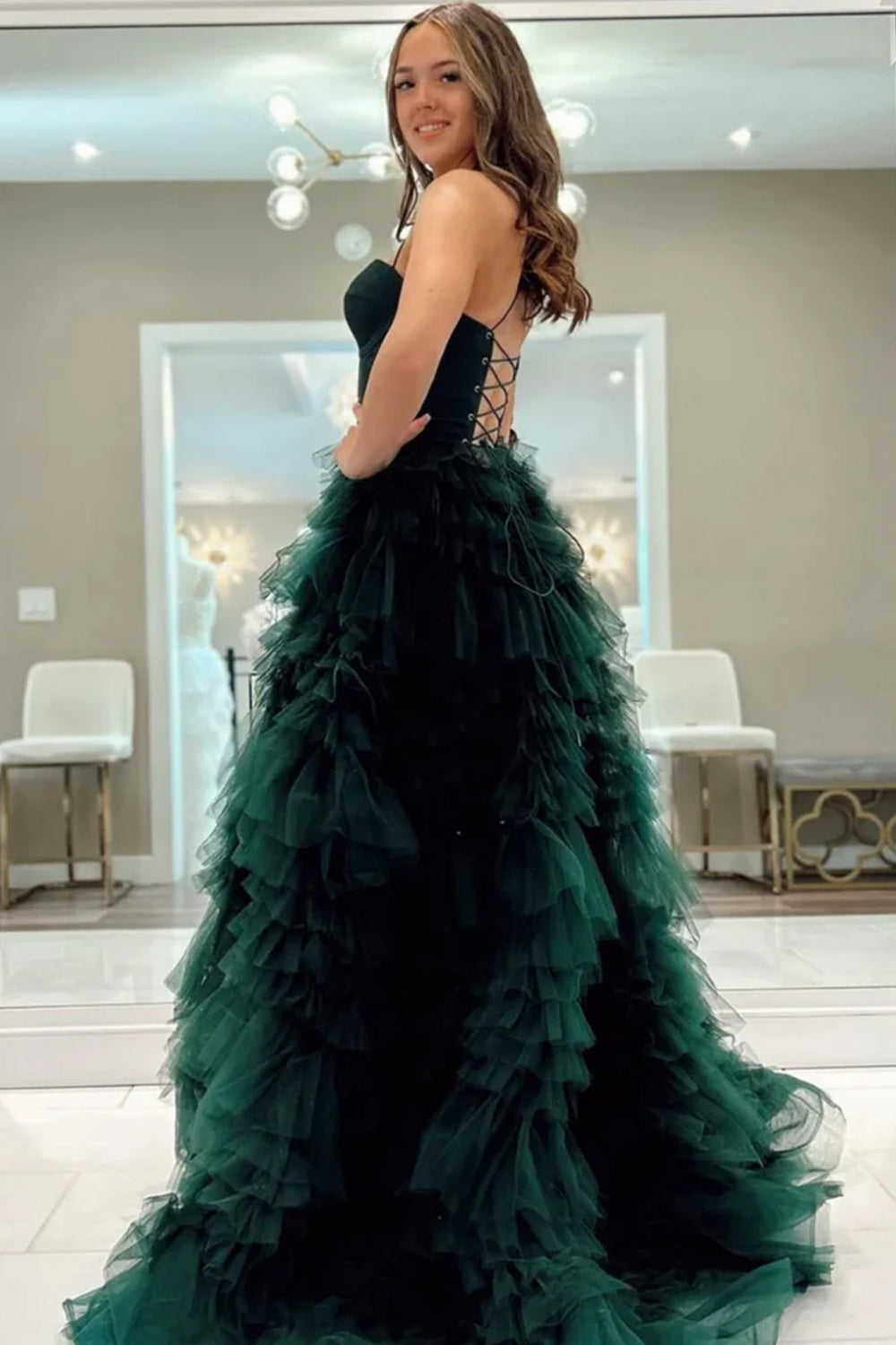 Dark Green Ruffles Tiered A-line Spaghetti Strap Prom Dresses CP1068