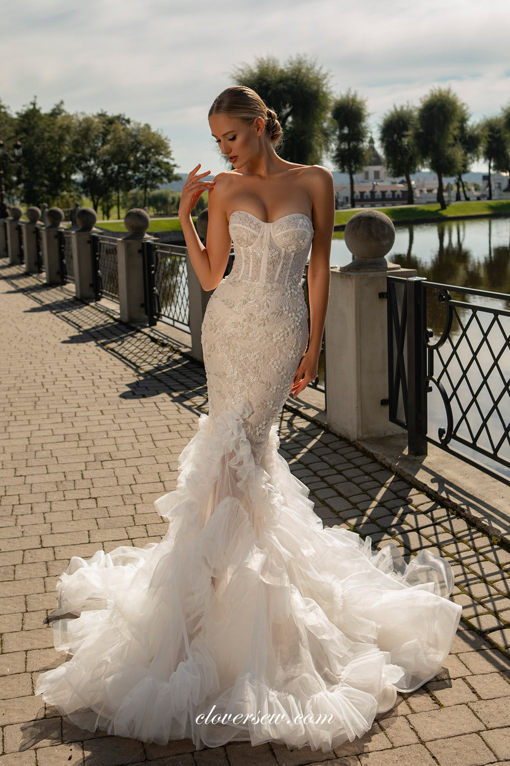 Dark Ivory Beading Lace Ruffles Mermaid Strapless Wedding Dresses, CW0 clover sew Dark Ivory Beading Lace Ruffles Mermaid Strapless Wedding Dresses, CW0 clover sew