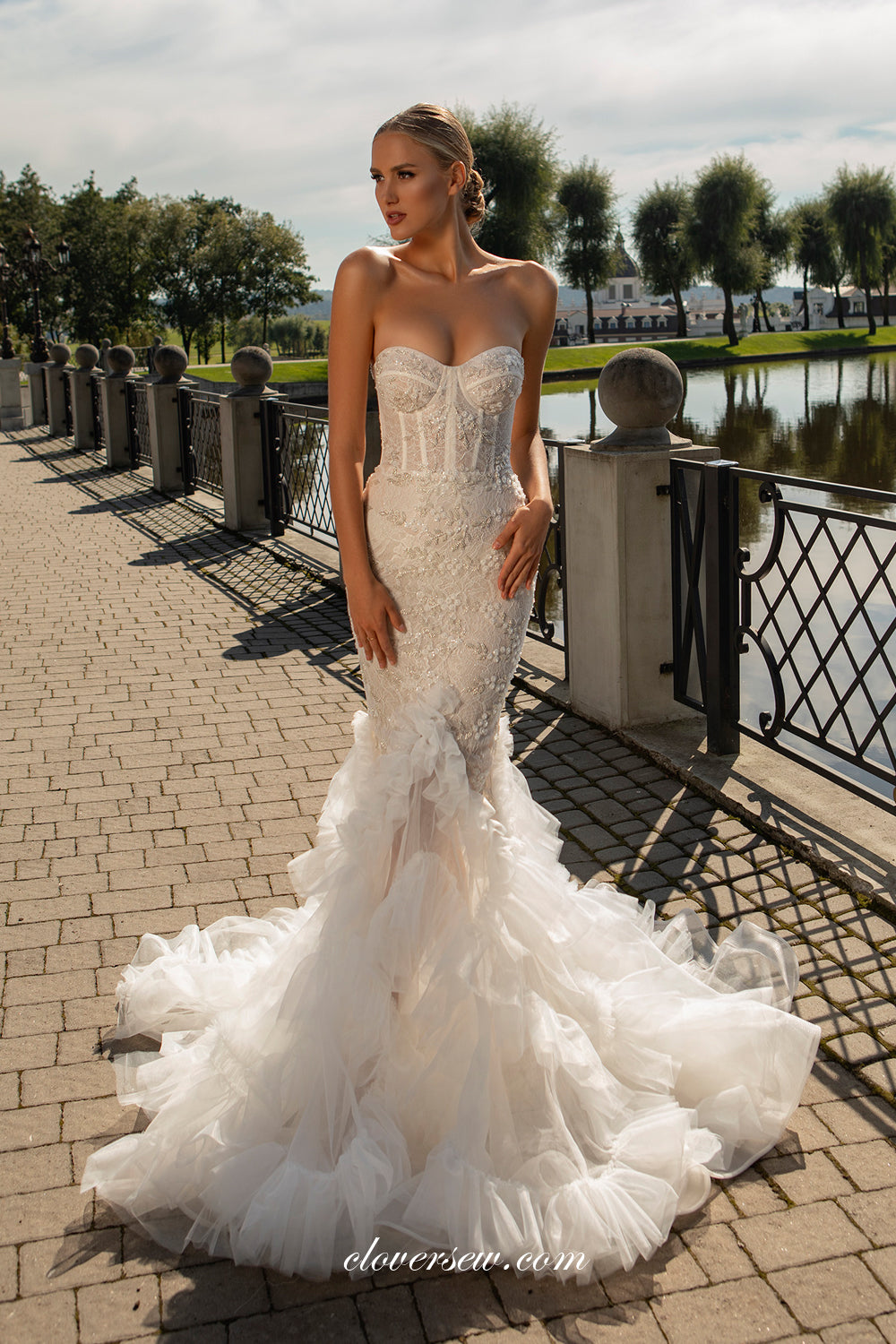 Dark Ivory Beading Lace Ruffles Mermaid Strapless Wedding Dresses, CW0 clover sew Dark Ivory Beading Lace Ruffles Mermaid Strapless Wedding Dresses, CW0 clover sew