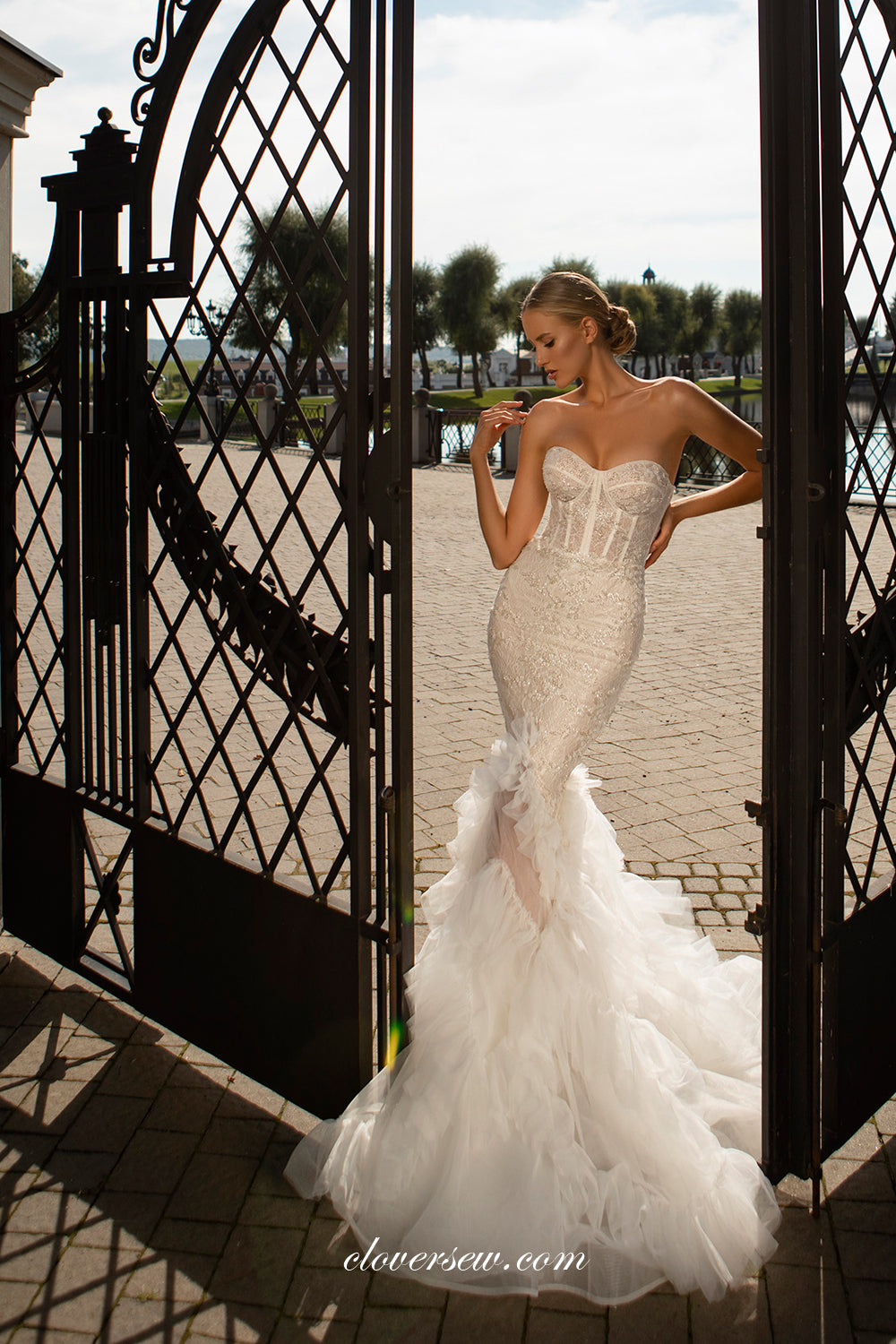 Dark Ivory Beading Lace Ruffles Mermaid Strapless Wedding Dresses, CW0355