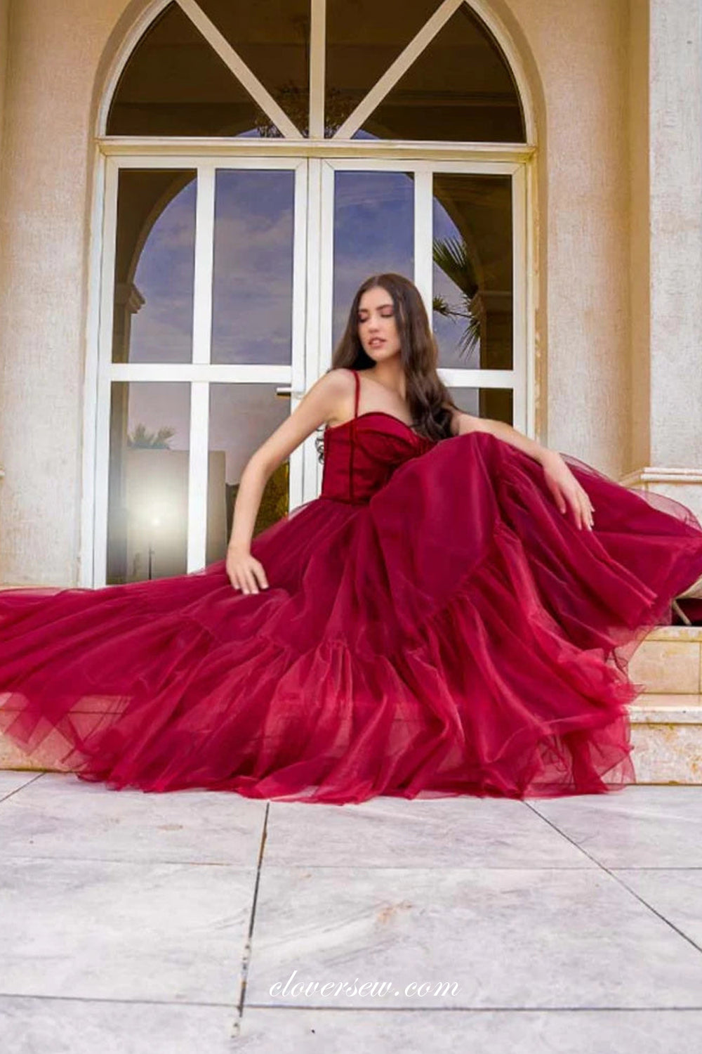 Queendancer Women Sparkly Prom Dress with Slit Dark Red Off The Shoulder  Tiered A-Line Evening Dress – queendanceruk