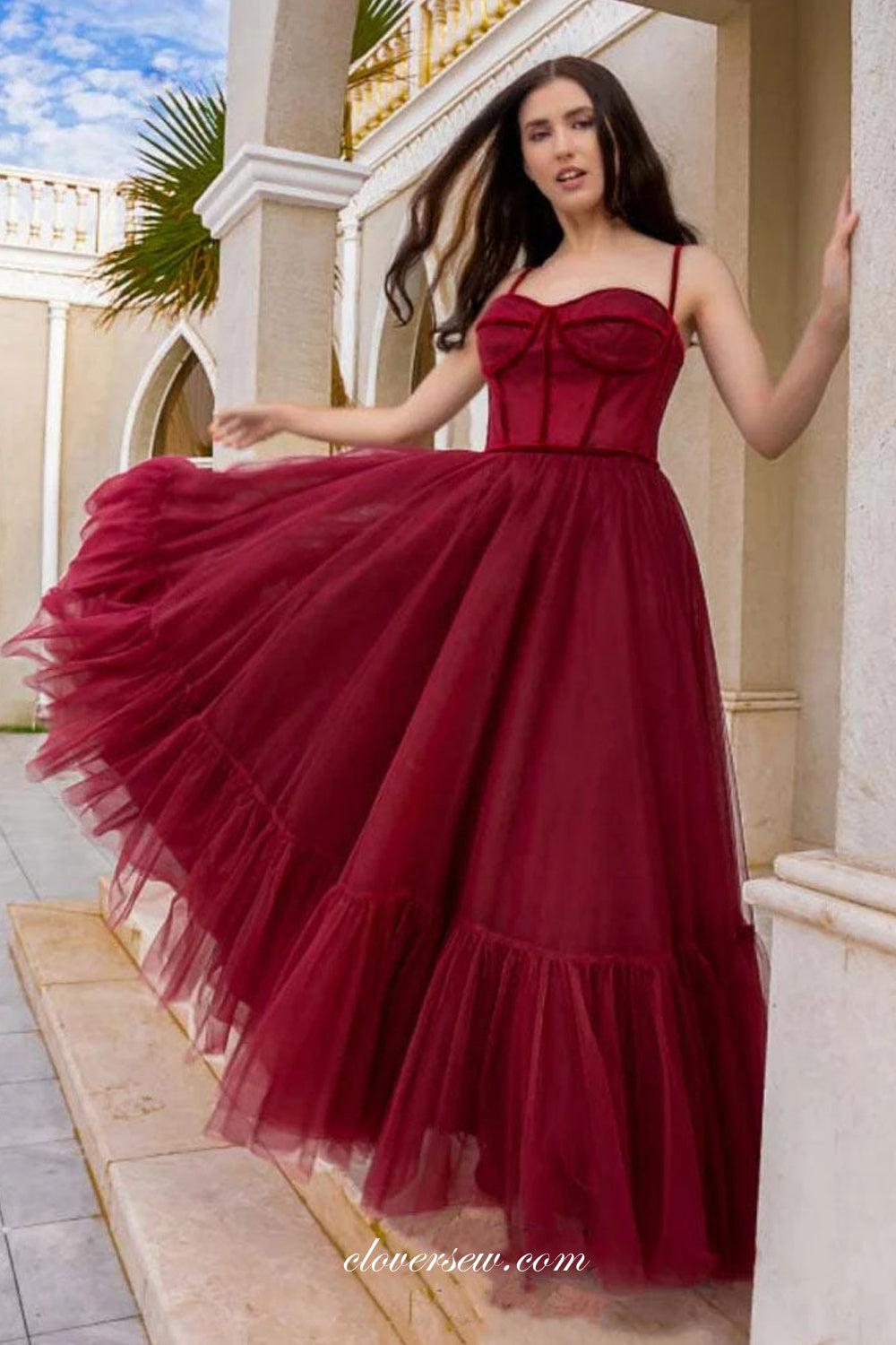 Dark Red Tulle Sweetheart A-line Puffy Graduation Dresses, CP1046