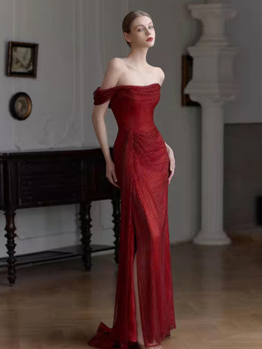 Deep Red Hot Fix Rhinestone Mesh Sparkly Sheath High Slit Prom Dresses, CP1079