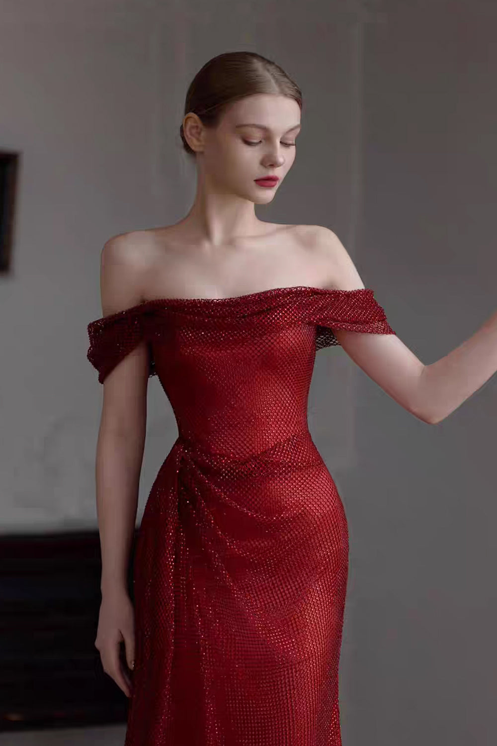 Deep Red Hot Fix Rhinestone Mesh Sparkly Sheath High Slit Prom Dresses, CP1079