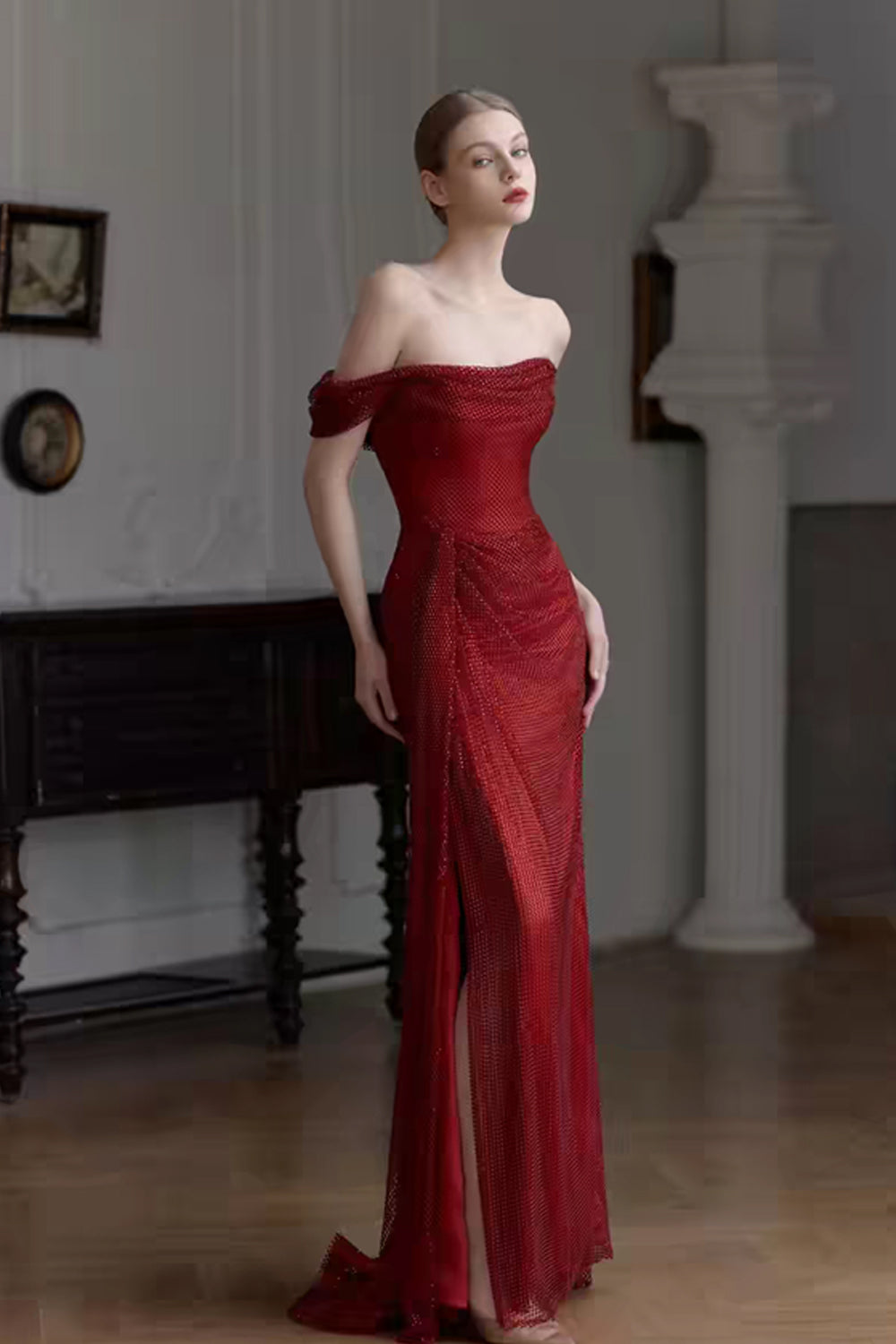 Deep Red Hot Fix Rhinestone Mesh Sparkly Sheath High Slit Prom Dresses, CP1079