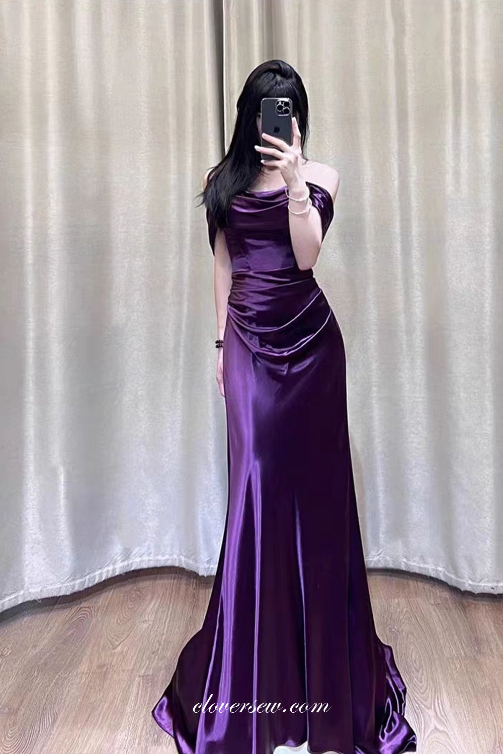 Eggplant Purple Pleating Off The Shoulder Mermaid Simple Satin Prom Dresses, CP1047