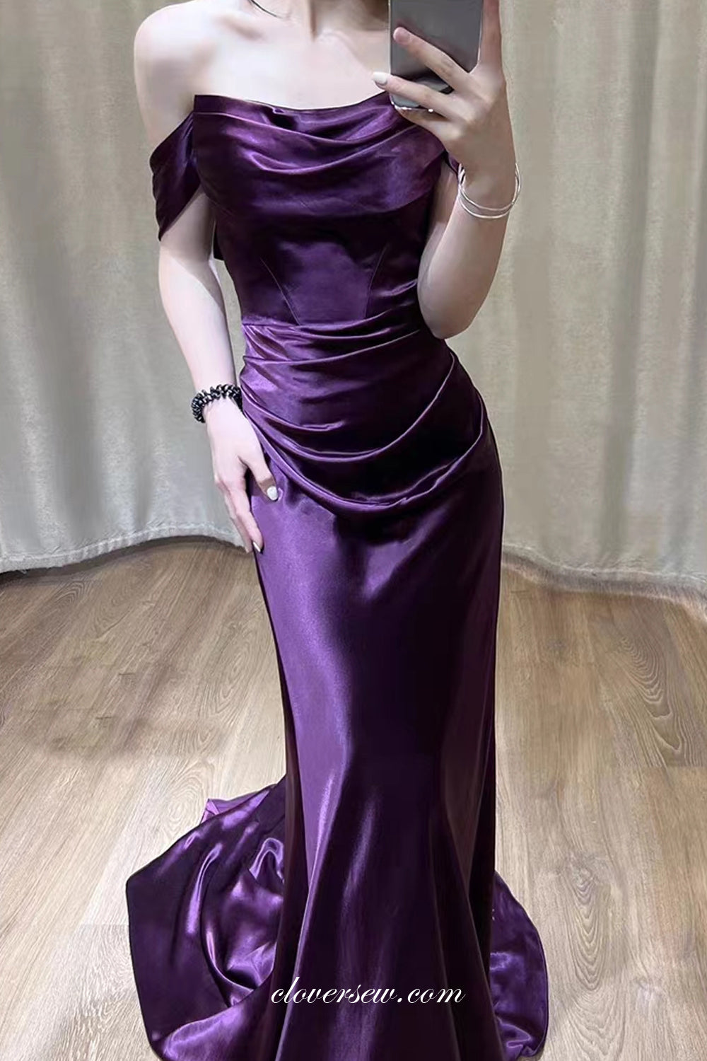 Eggplant Purple Pleating Off The Shoulder Mermaid Simple Satin Prom Dresses, CP1047