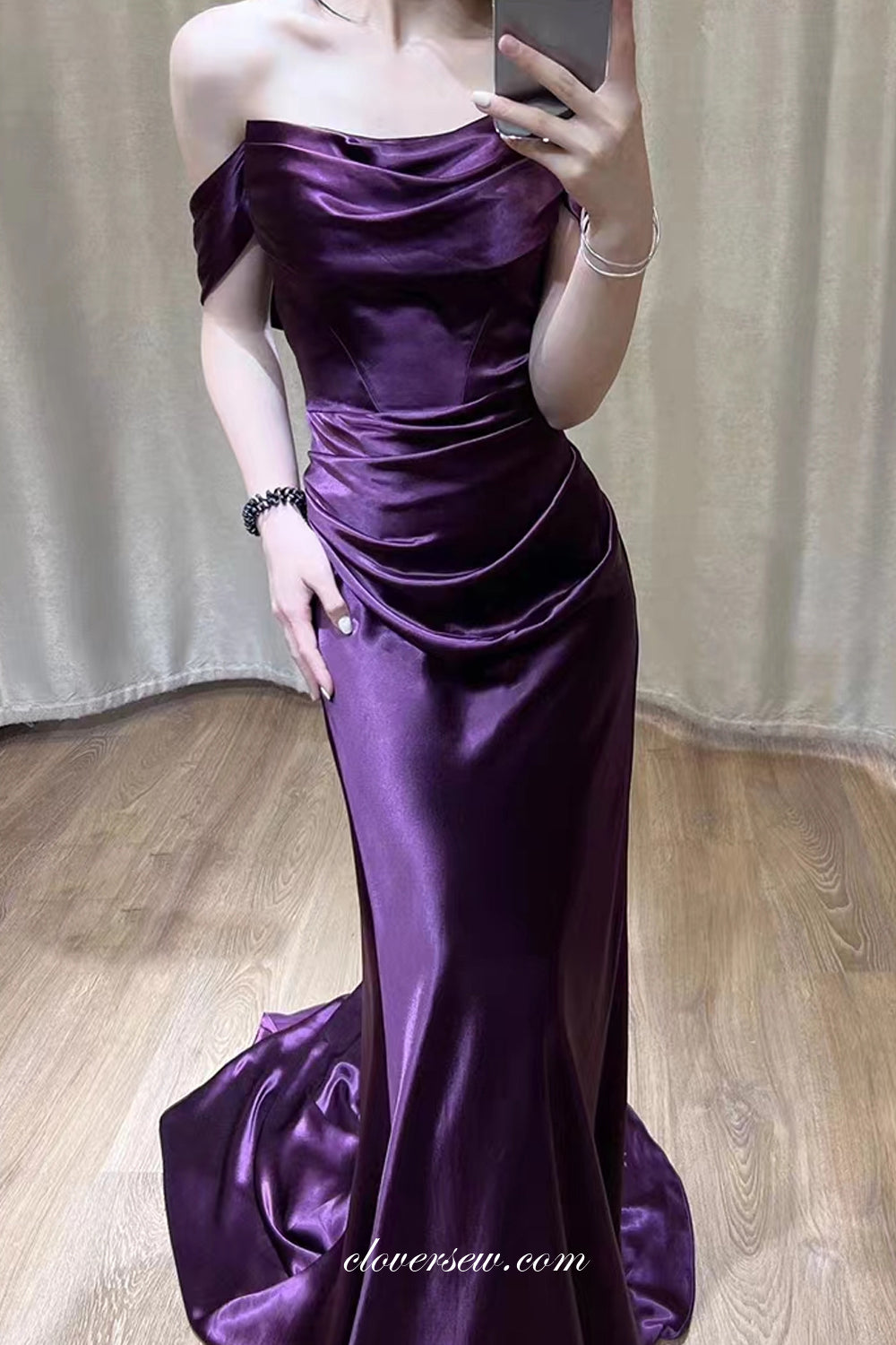 Eggplant Purple Pleating Off The Shoulder Mermaid Simple Satin Prom Dr clover sew Eggplant Purple Pleating Off The Shoulder Mermaid Simple Satin Prom Dr clover sew