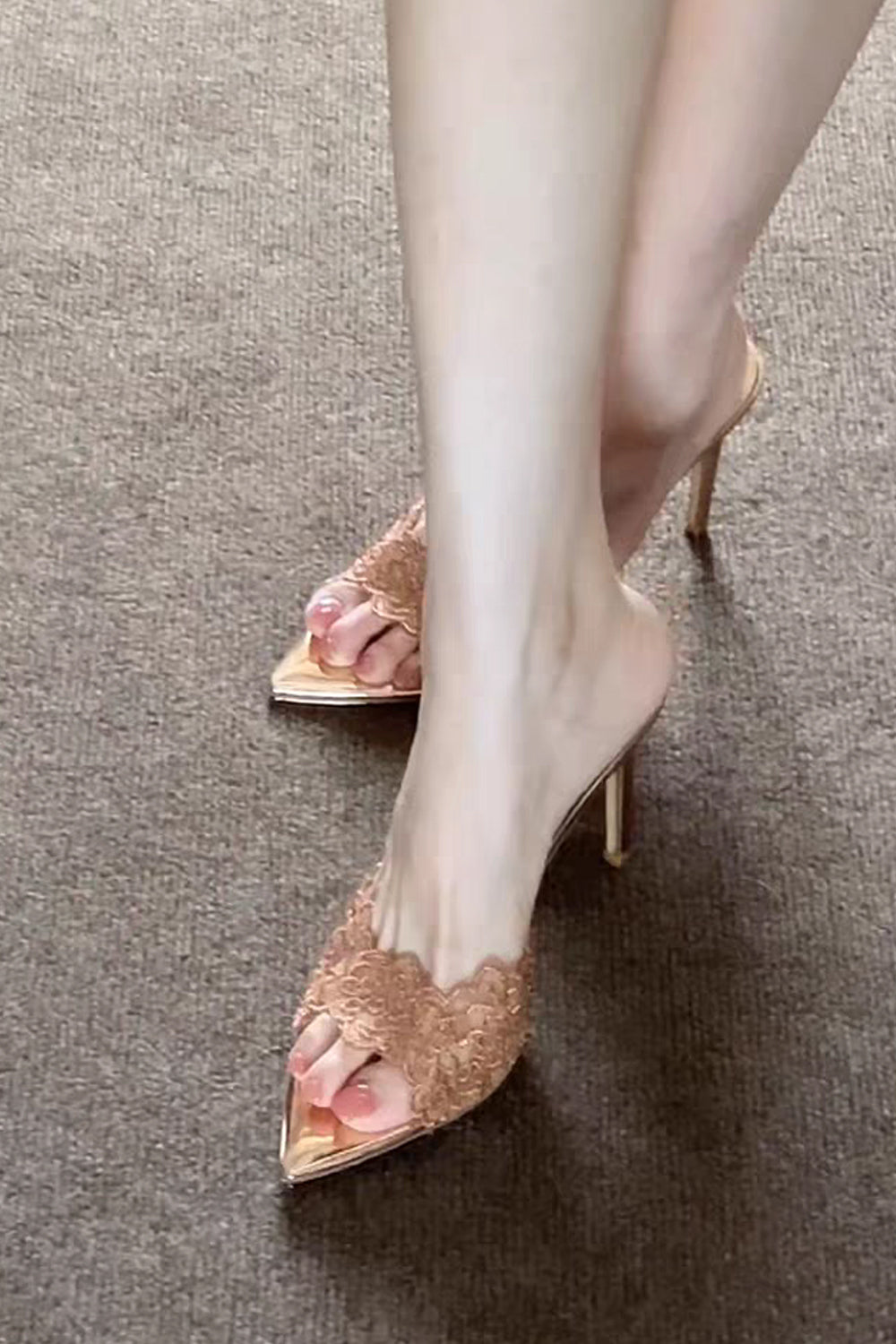 Elegant Champagne Lace Pointed Open Toe Stiletto Slippers