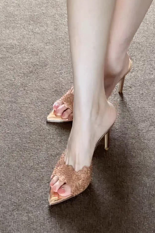 Elegant Champagne Lace Pointed Open Toe Stiletto Slippers