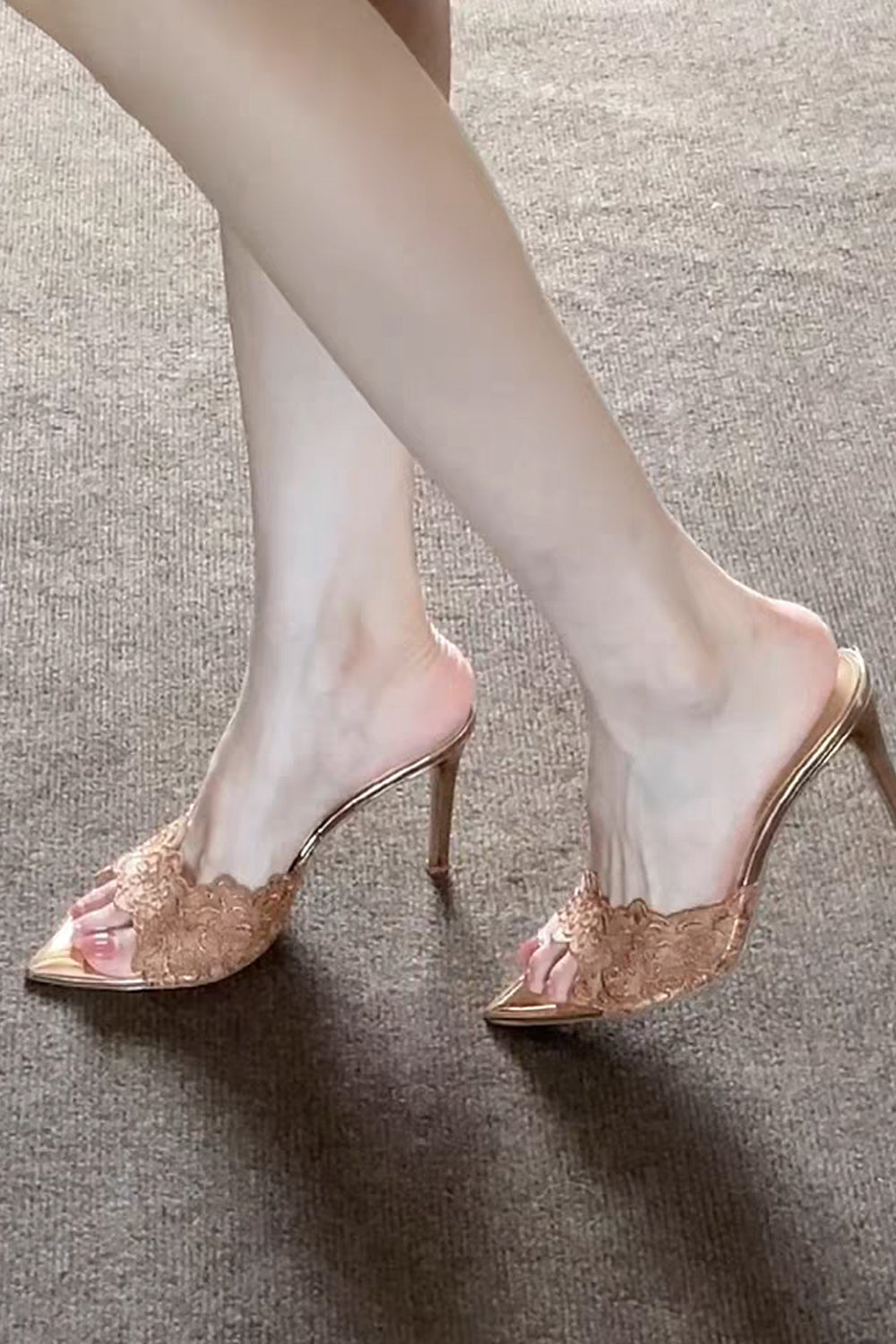 Elegant Champagne Lace Pointed Open Toe Stiletto Slippers