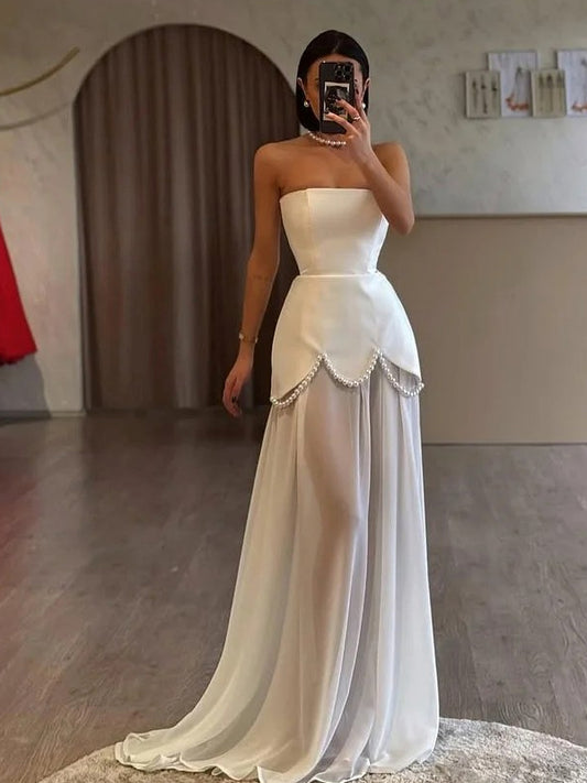 Elegant Strapless Off White Satin With Pearls A-line Sheer Train Wedding Dresses, CW0439