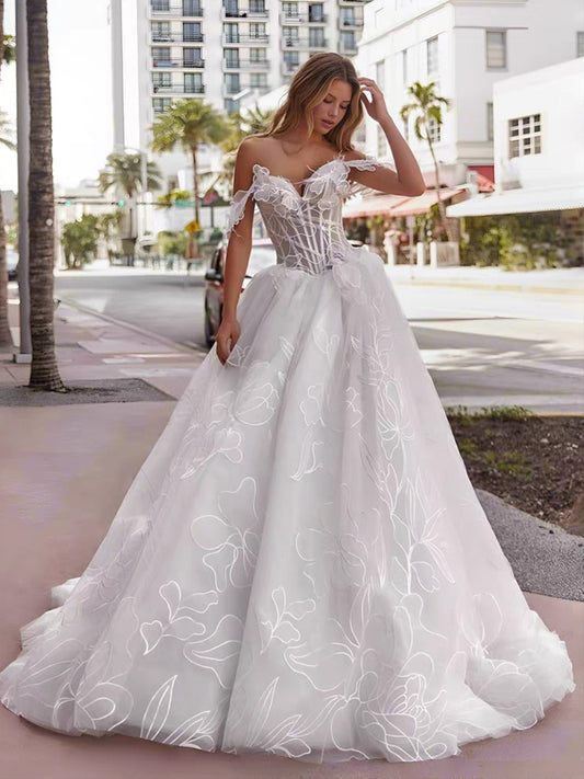 Embroidery Floral Tulle Off The Shoulder A-line Wedding Dresses, CW0435