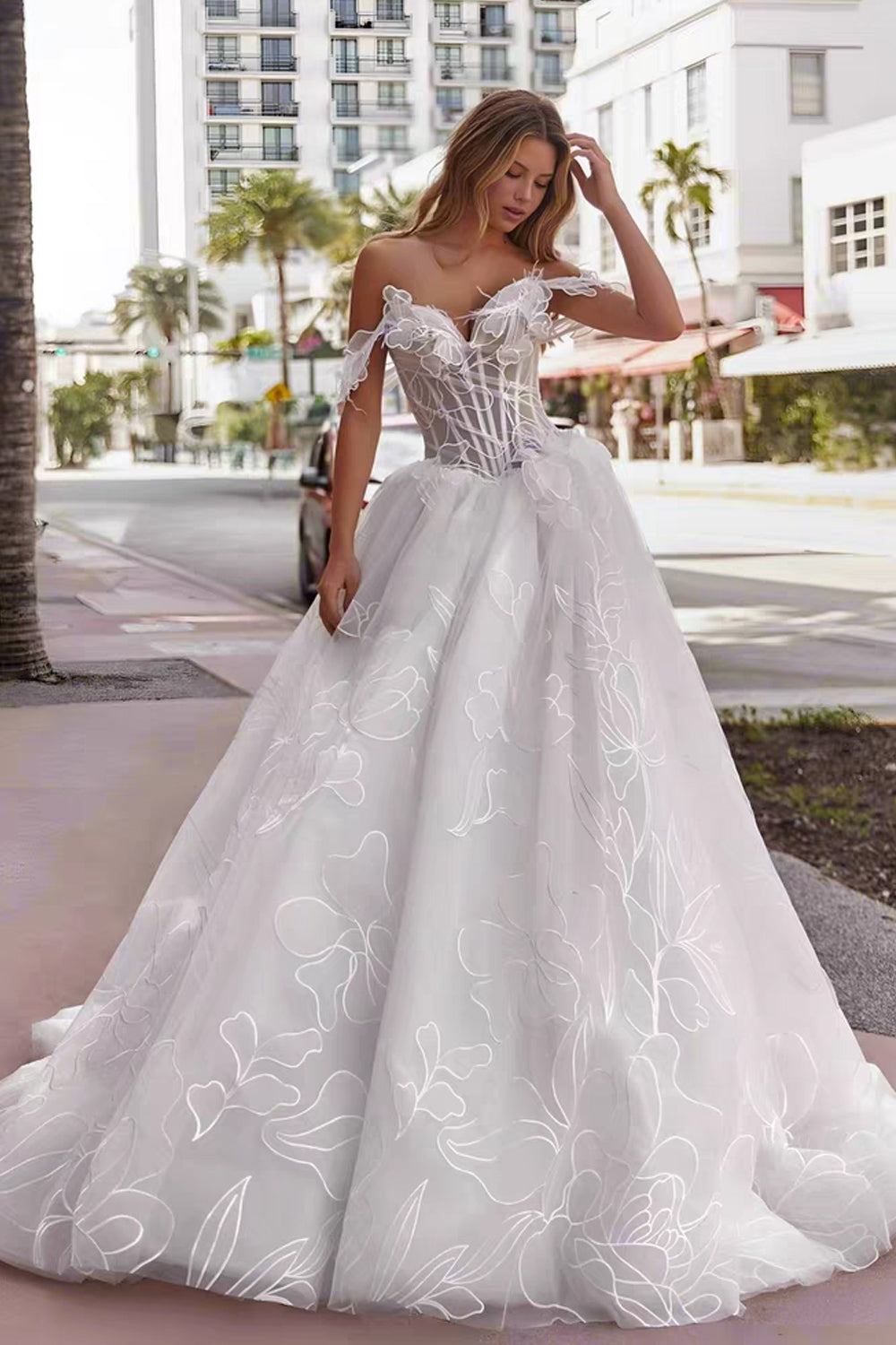 Embroidery Floral Tulle Off The Shoulder A-line Wedding Dresses, CW0435