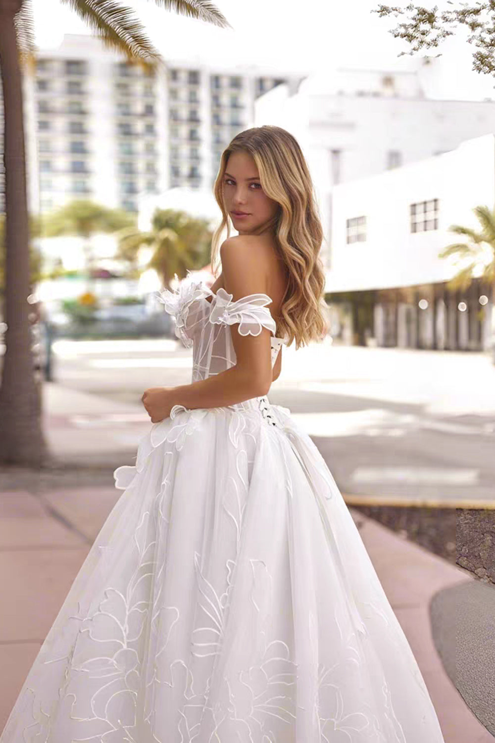 Embroidery Floral Tulle Off The Shoulder A-line Wedding Dresses, CW0435