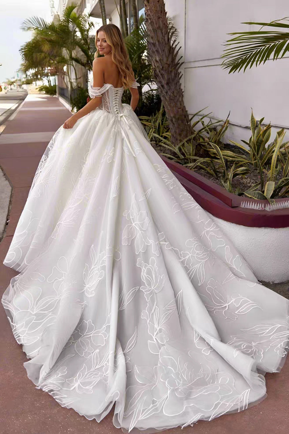Embroidery Floral Tulle Off The Shoulder A-line Wedding Dresses, CW0435