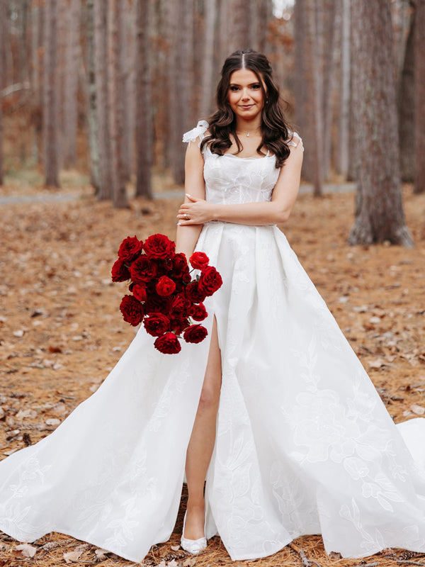 Embroidery Organza Flower Straps A-line With Slit Wedding Dresses, CW0431