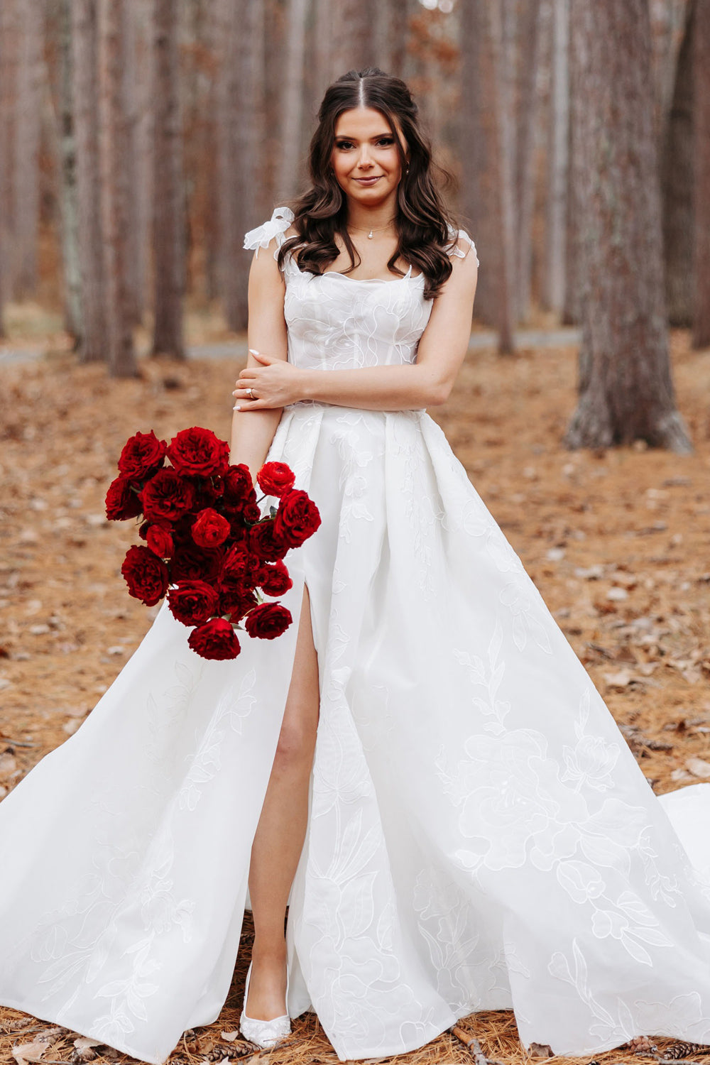 Embroidery Organza Flower Straps A-line With Slit Wedding Dresses, CW0431