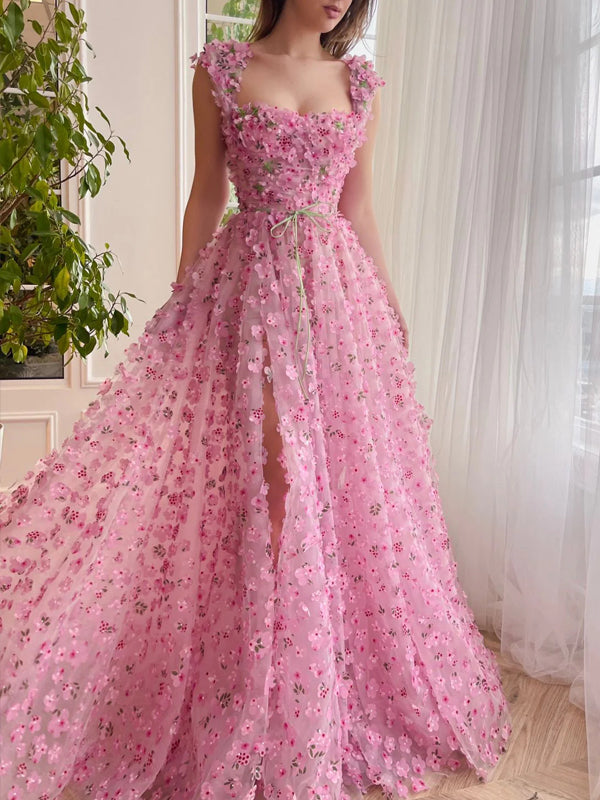 Enchanted Pink 3D Floral Applique Tulle High Slit A-line Prom Dresses, CP1081
