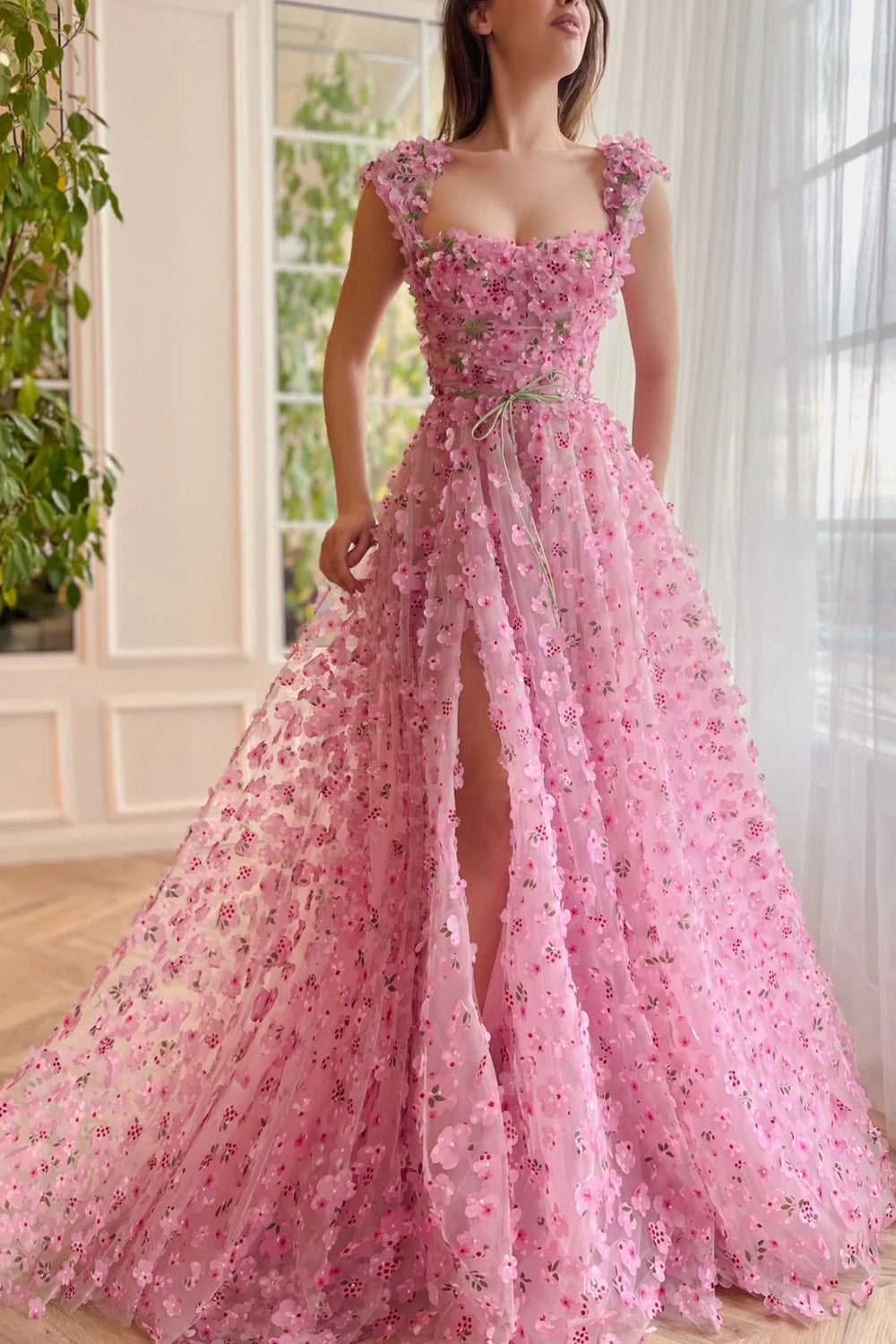 Enchanted Pink 3D Floral Applique Tulle High Slit A-line Prom Dresses, CP1081