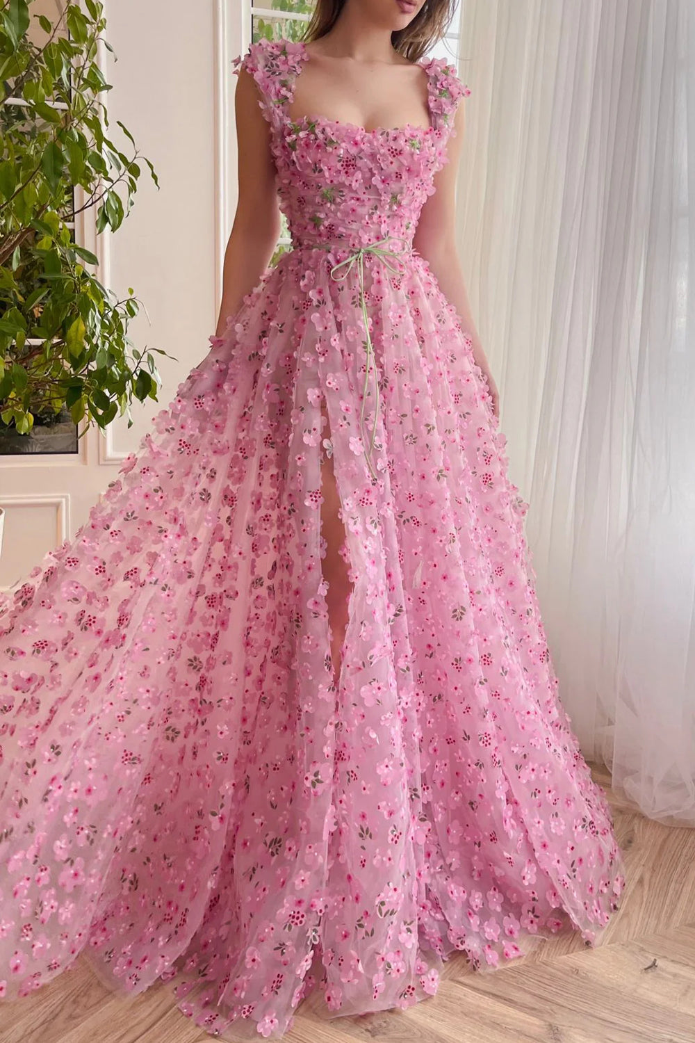 Enchanted Pink 3D Floral Applique Tulle High Slit A-line Prom Dresses, CP1081