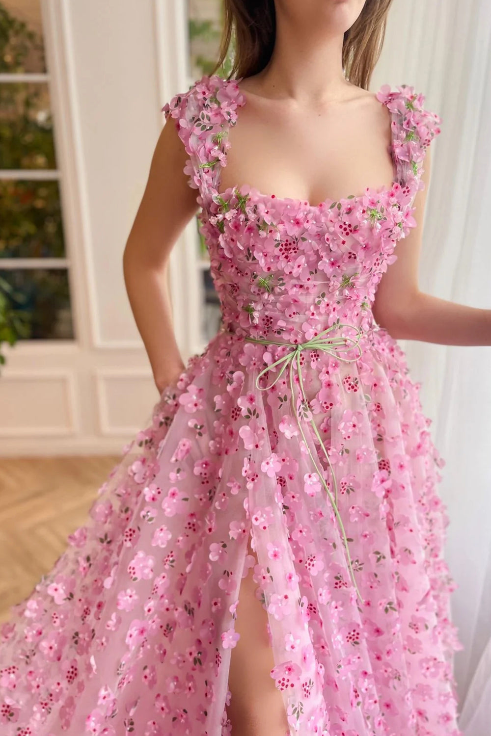 Enchanted Pink 3D Floral Applique Tulle High Slit A-line Prom Dresses, CP1081