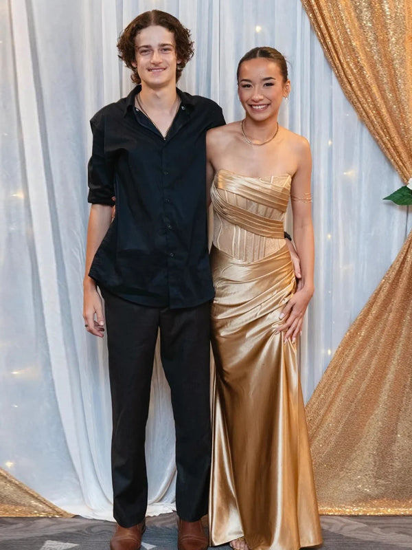 Fashion Silk Satin Lace Gold Sparkly Strapless Mermaid Prom Dresses, CP1084