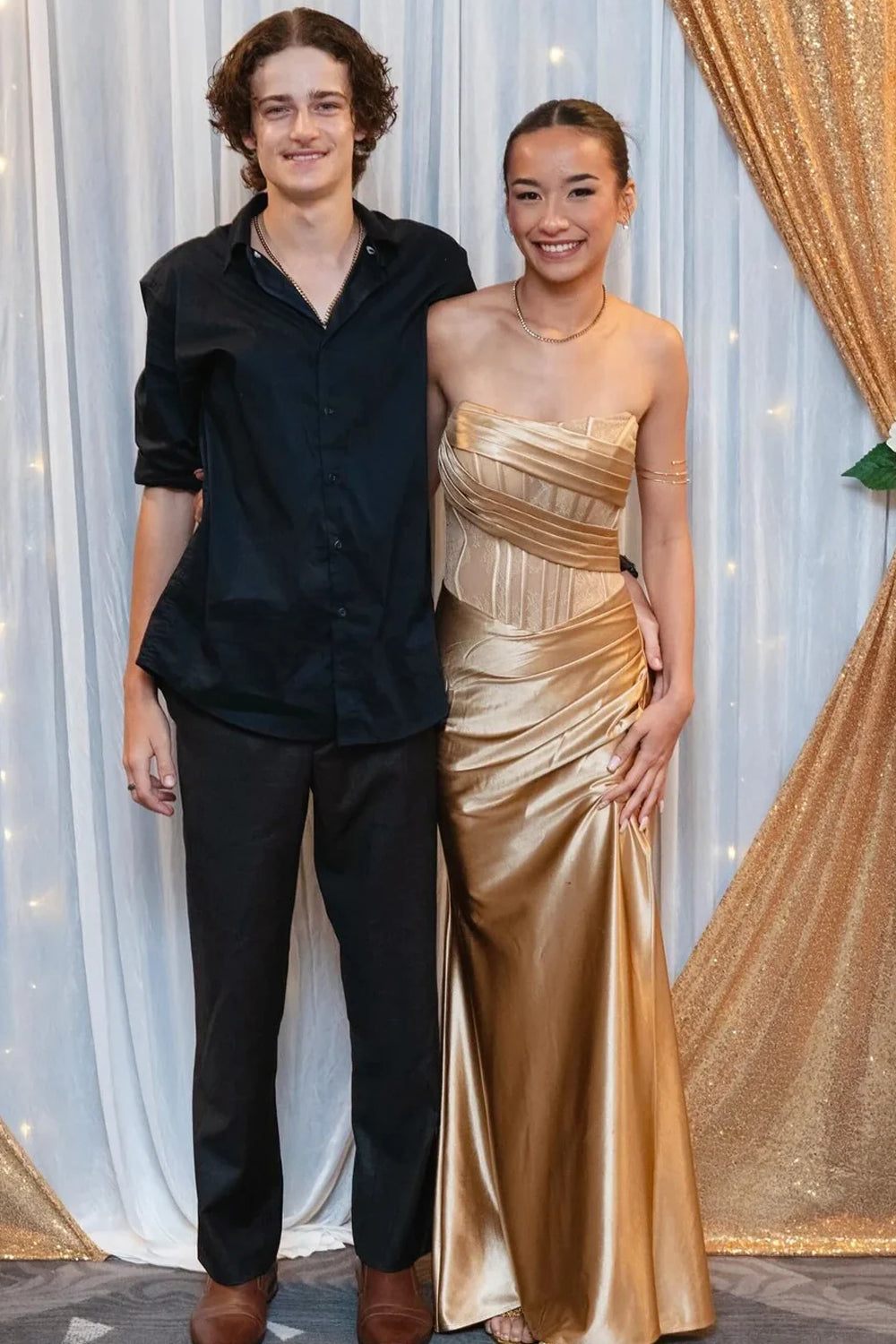 Fashion Silk Satin Lace Gold Sparkly Strapless Mermaid Prom Dresses, CP1084