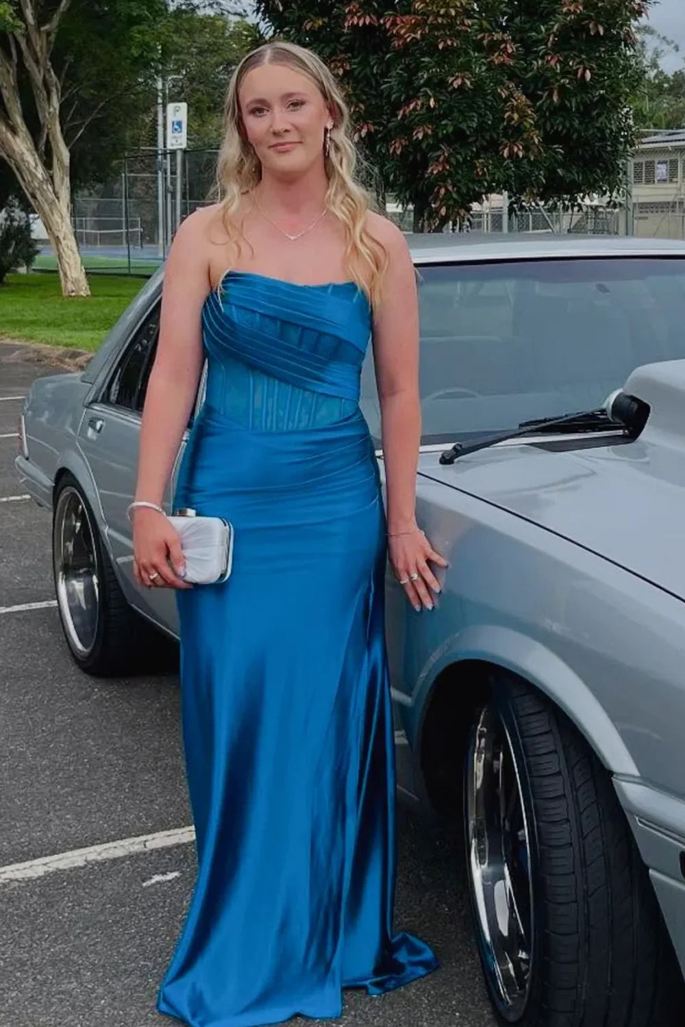 Fashion Silk Satin Lace Gold Sparkly Strapless Mermaid Prom Dresses, CP1084