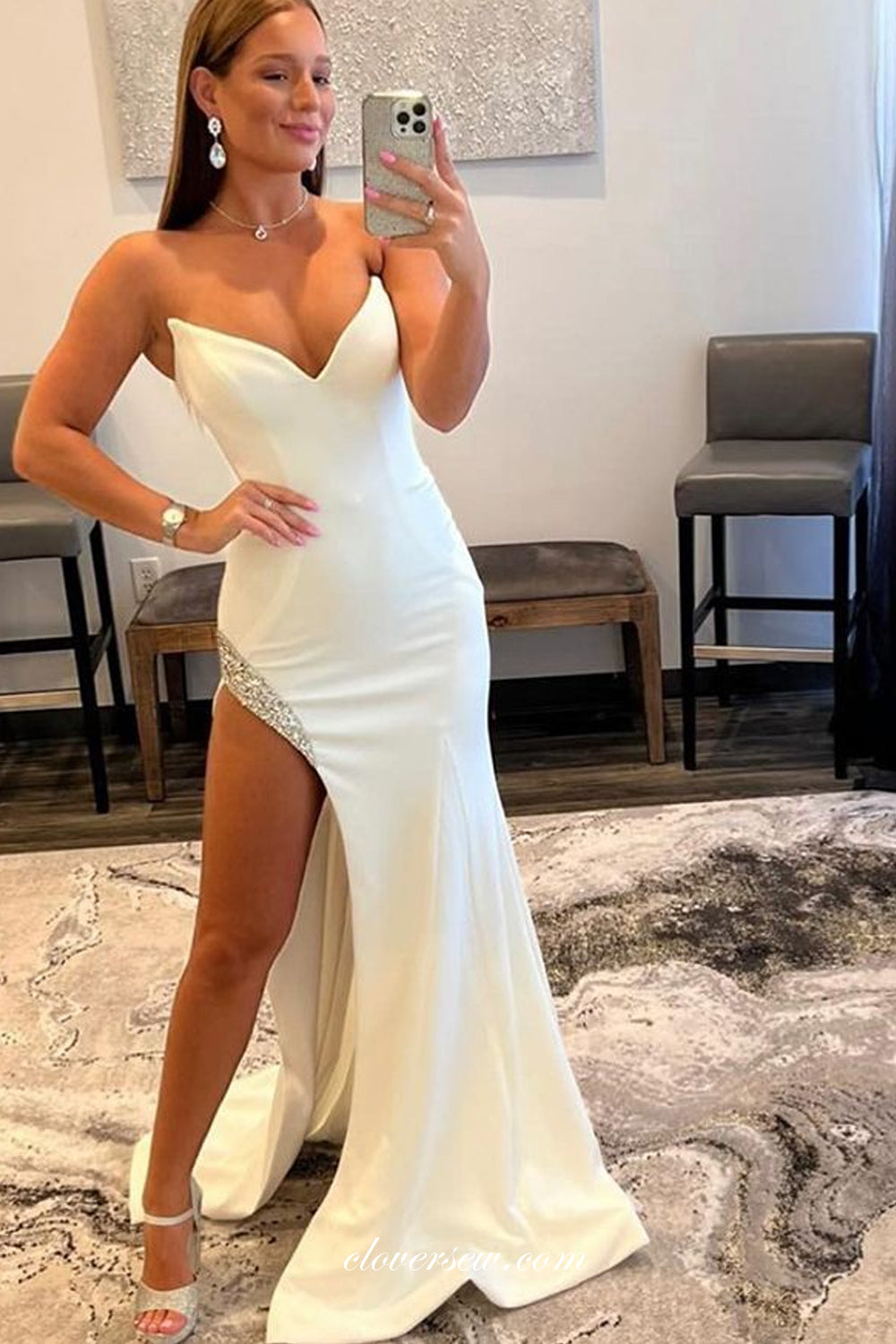 deep v neck strapless wedding dress Strapless Chapel Train Mermaid Long Satin Wedding Dresses TN318 Custom Size / Ivory