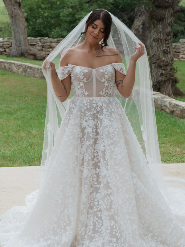 Floral Lace Off The Shoulder Illusion A-line Wedding Dresses, CW0433