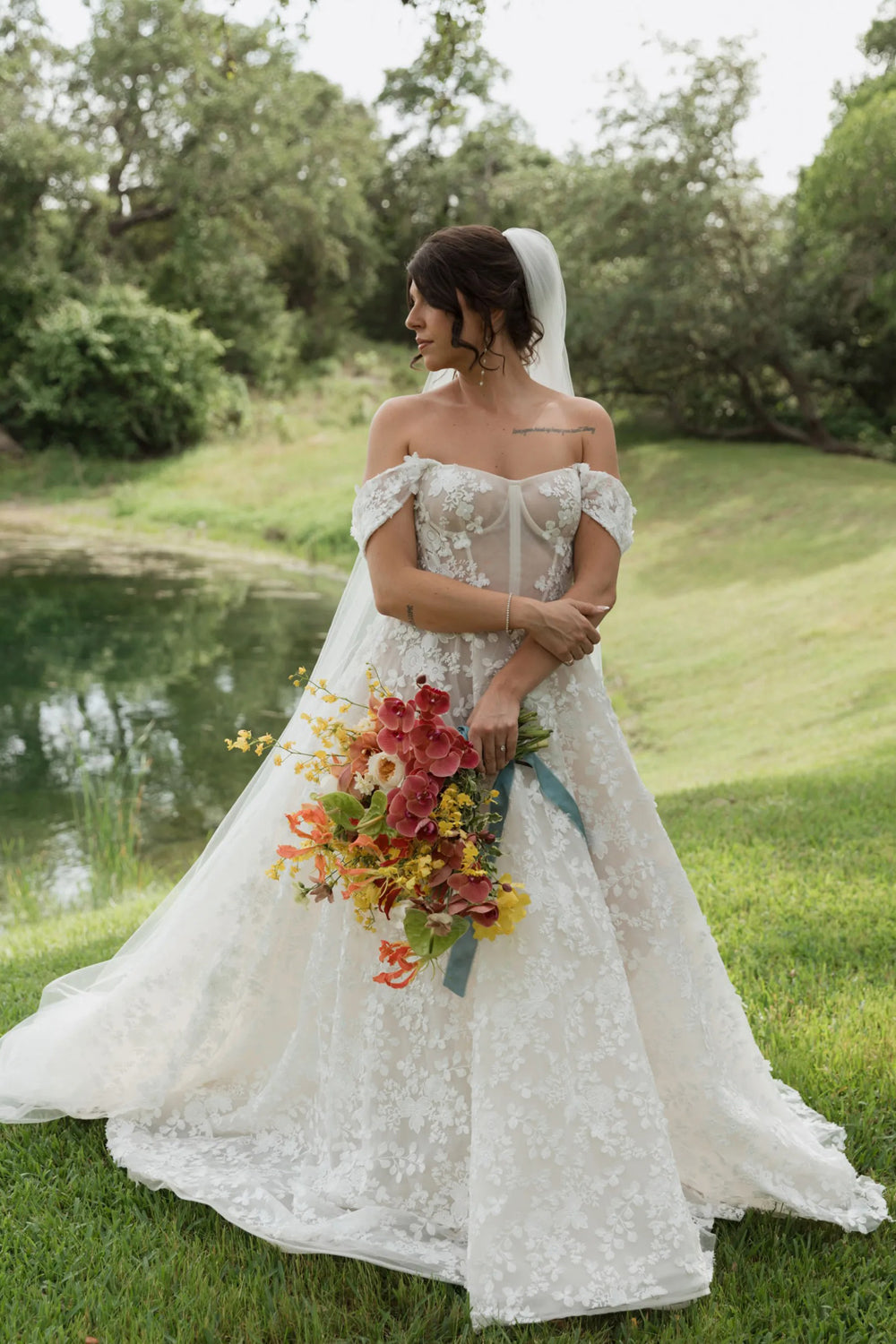Floral Lace Off The Shoulder Illusion A-line Wedding Dresses, CW0433