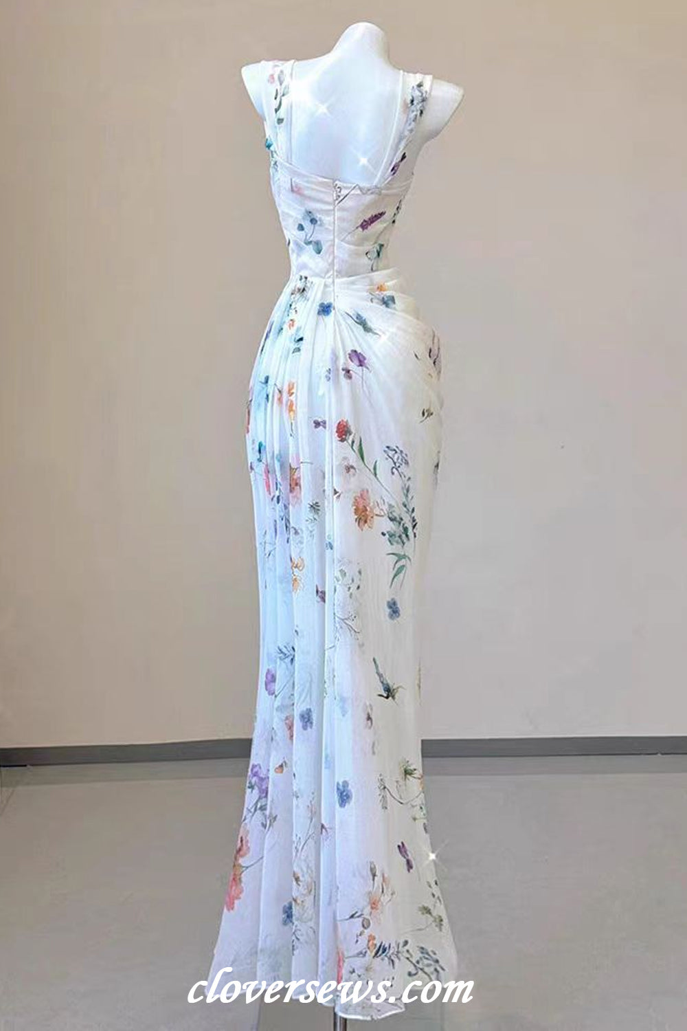 Floral Printed Chiffon Pleatingg Sheath Charming Spring Bridesmaid Dresses, CB0309